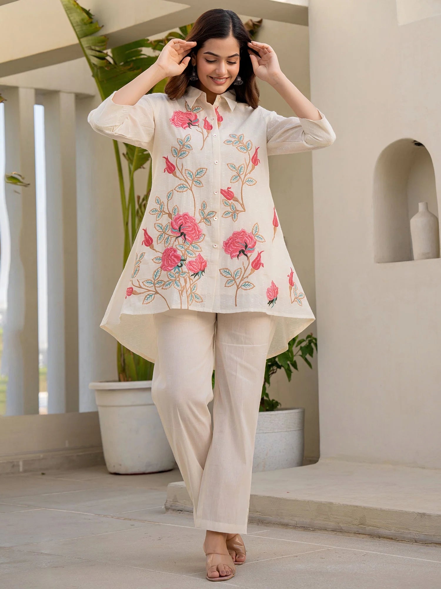 Off White Embroidered A Line Short Kurti Pant set
