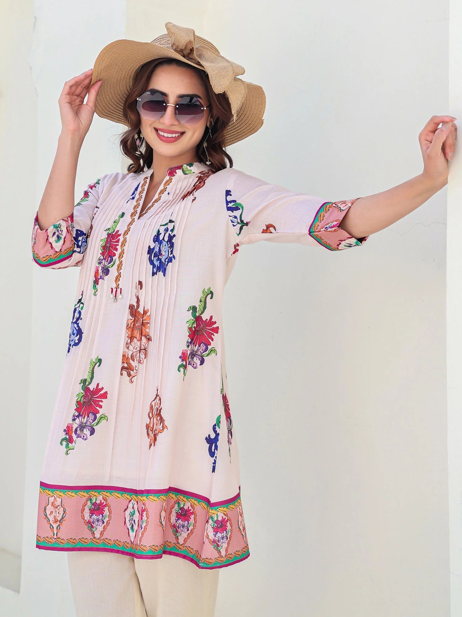 Peach Printed A Line Kurta Trouser set