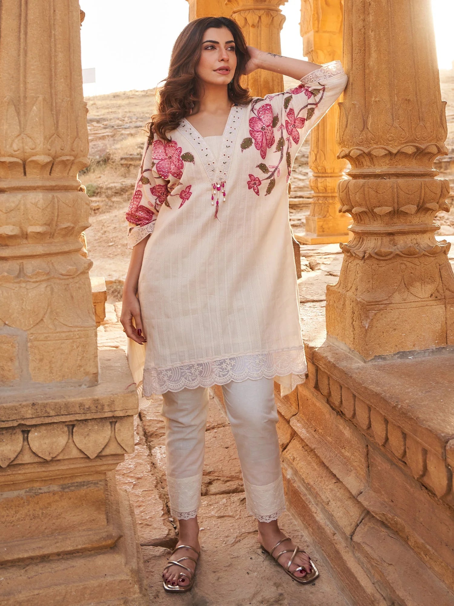 Off White Printed A-Line Kurta Trouser Set