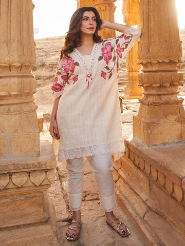 Off White Printed A-Line Kurta Trouser Set