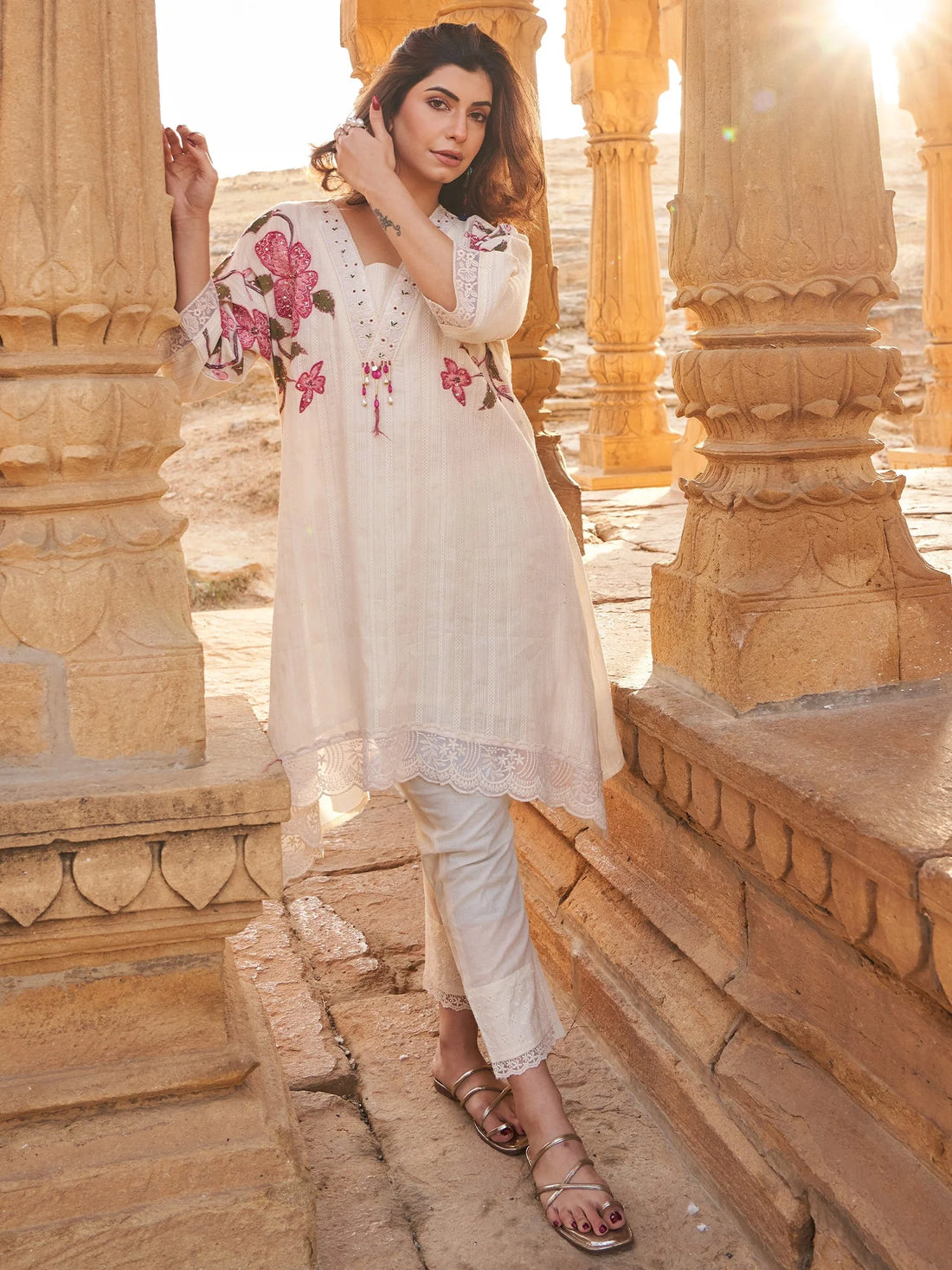 Off White Printed A-Line Kurta Trouser Set