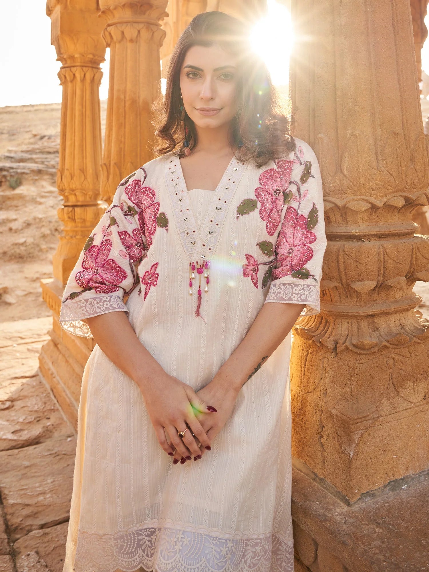 Off White Printed A-Line Kurta Trouser Set