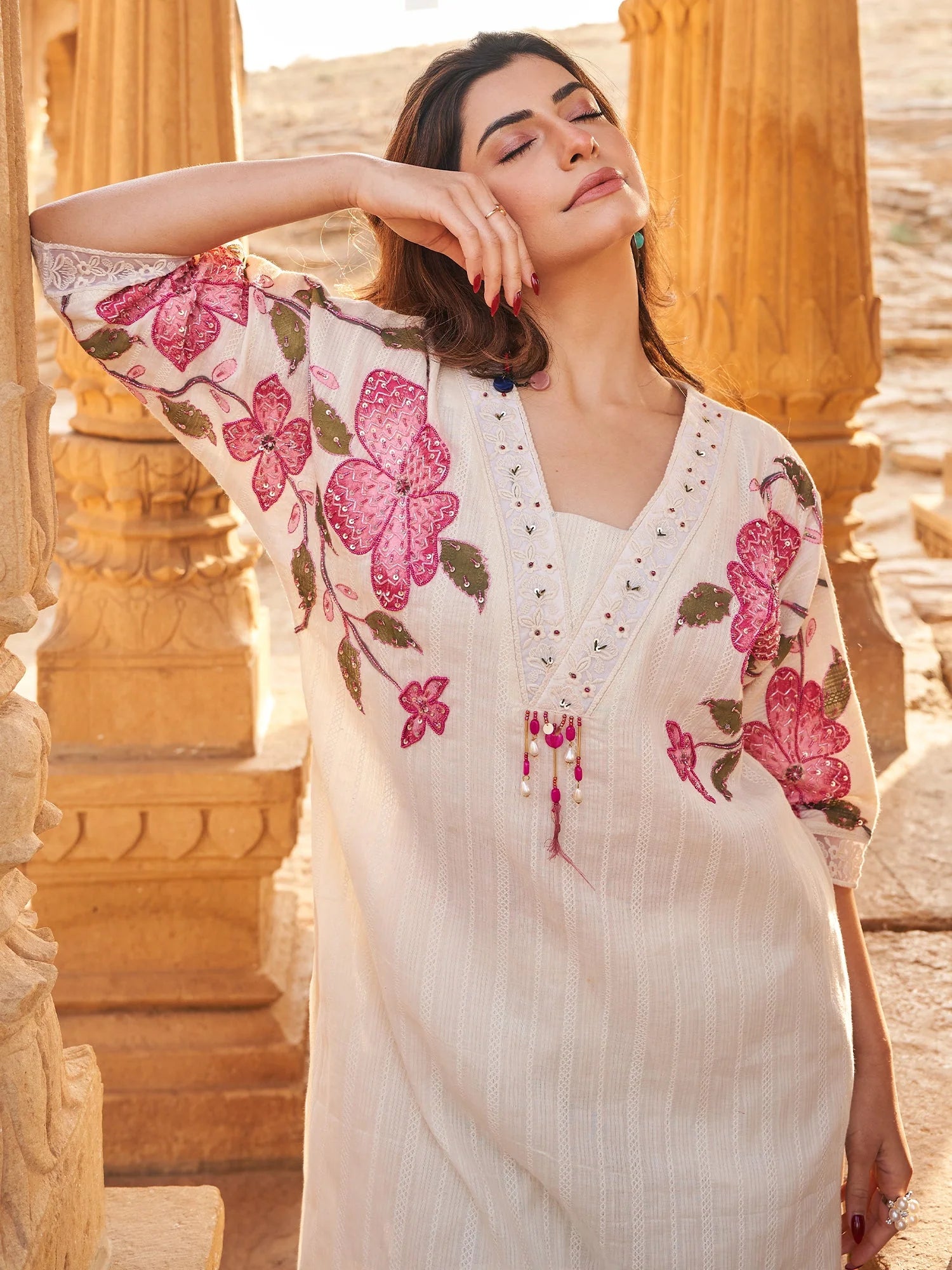 Off White Printed A-Line Kurta Trouser Set