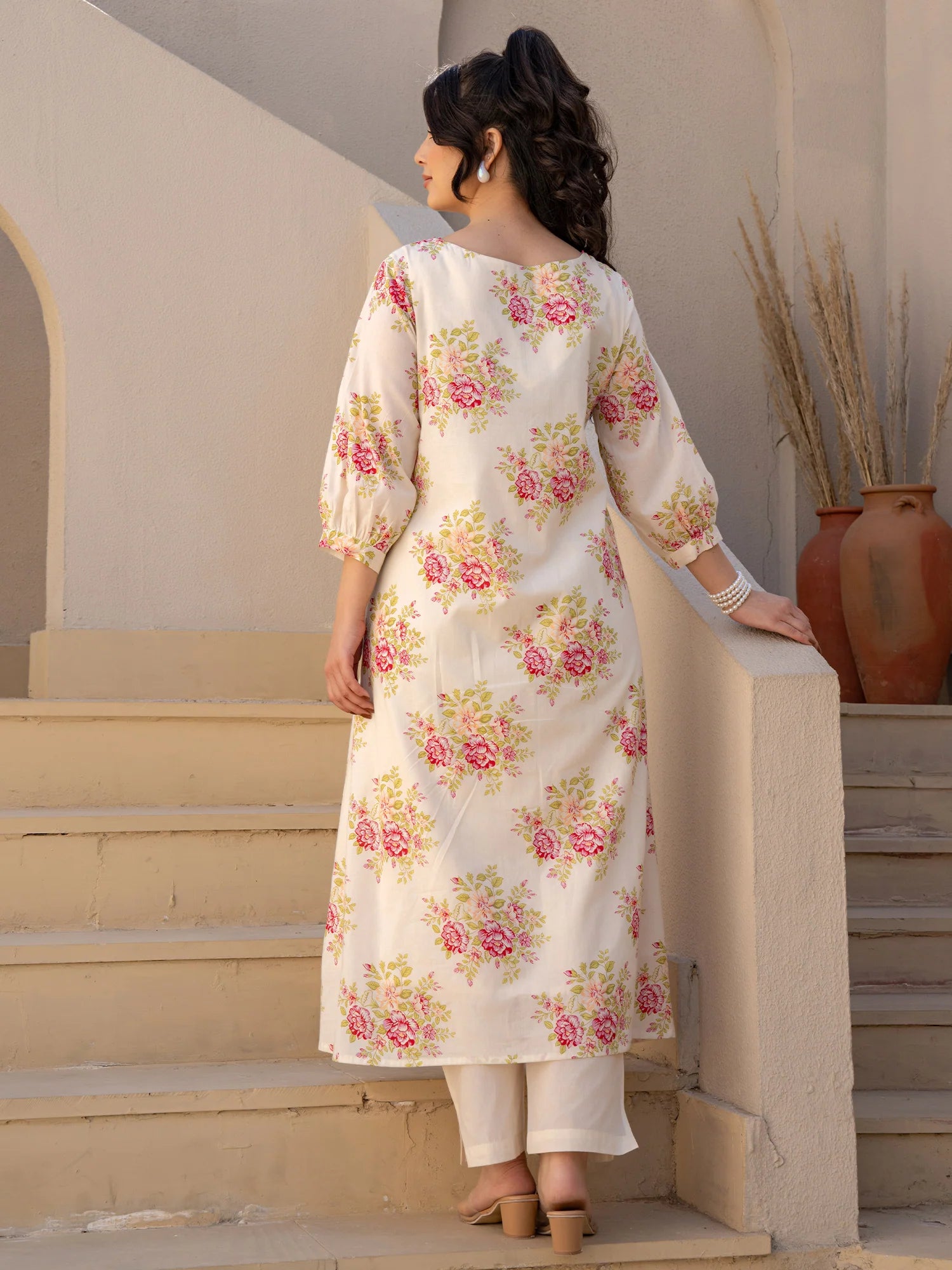 Off White Printed A-Line Pure Cotton kurta pant set