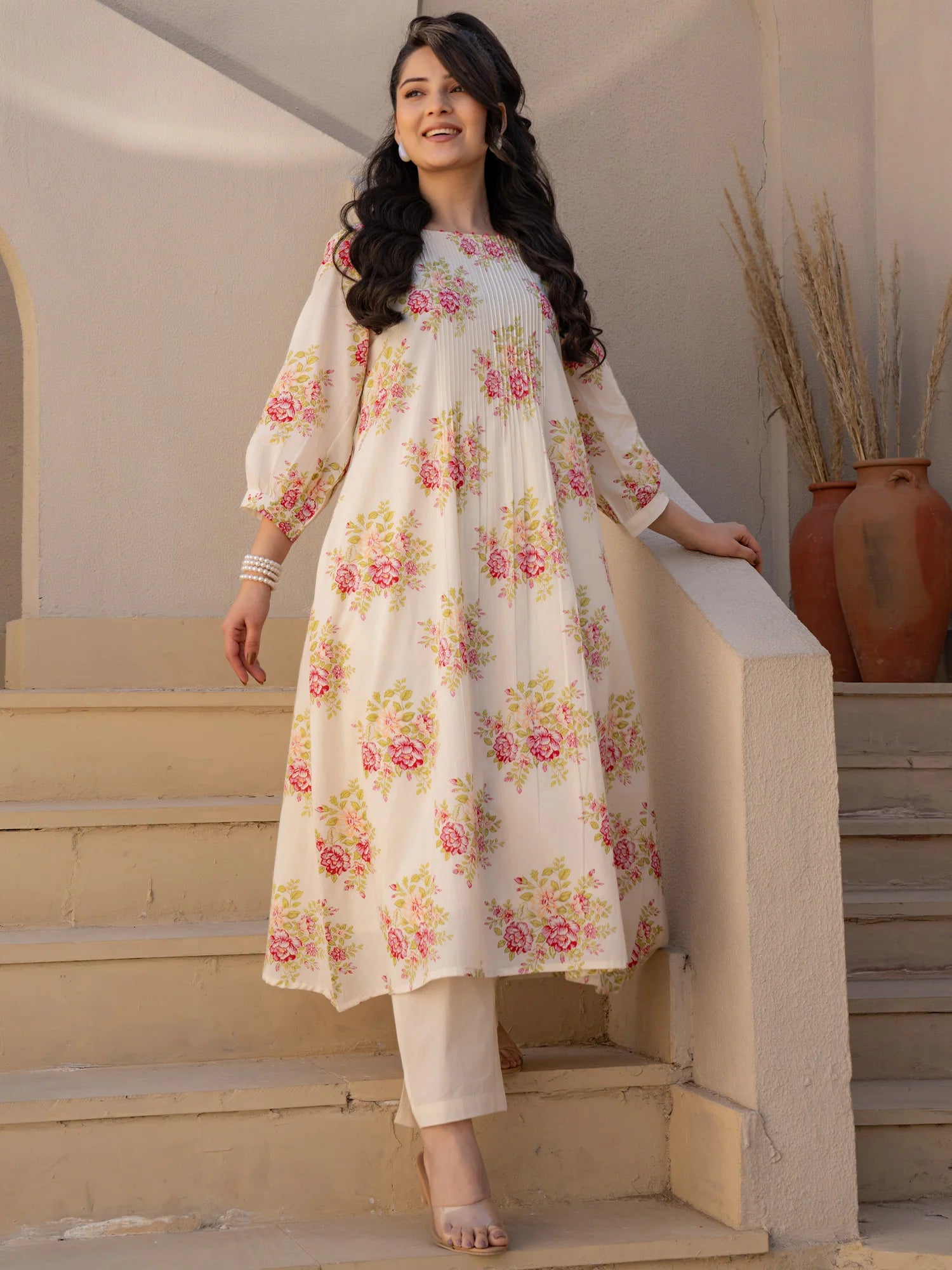 Off White Printed A-Line Pure Cotton kurta pant set