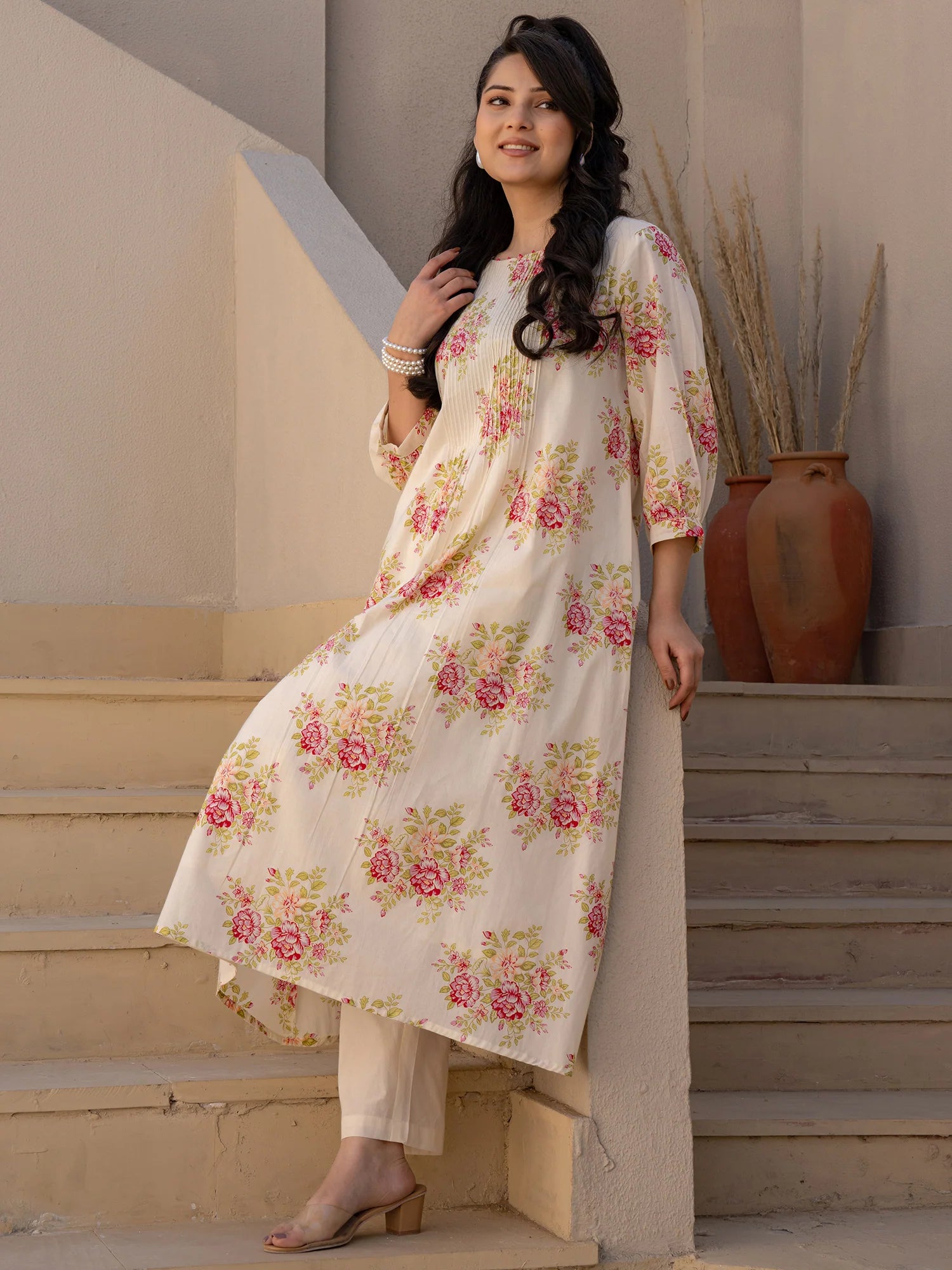 Off White Printed A-Line Pure Cotton kurta pant set