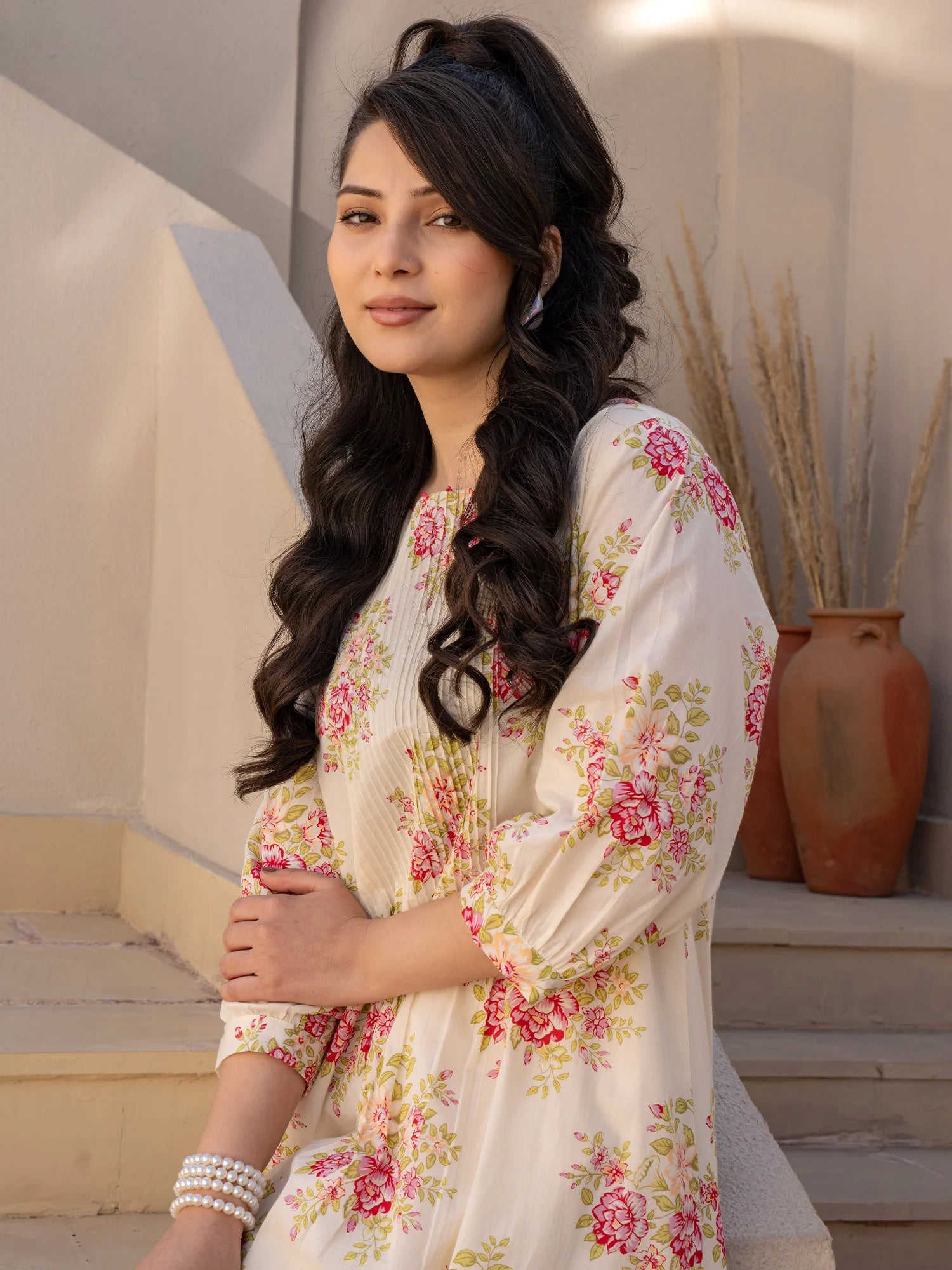 Off White Printed A-Line Pure Cotton kurta pant set