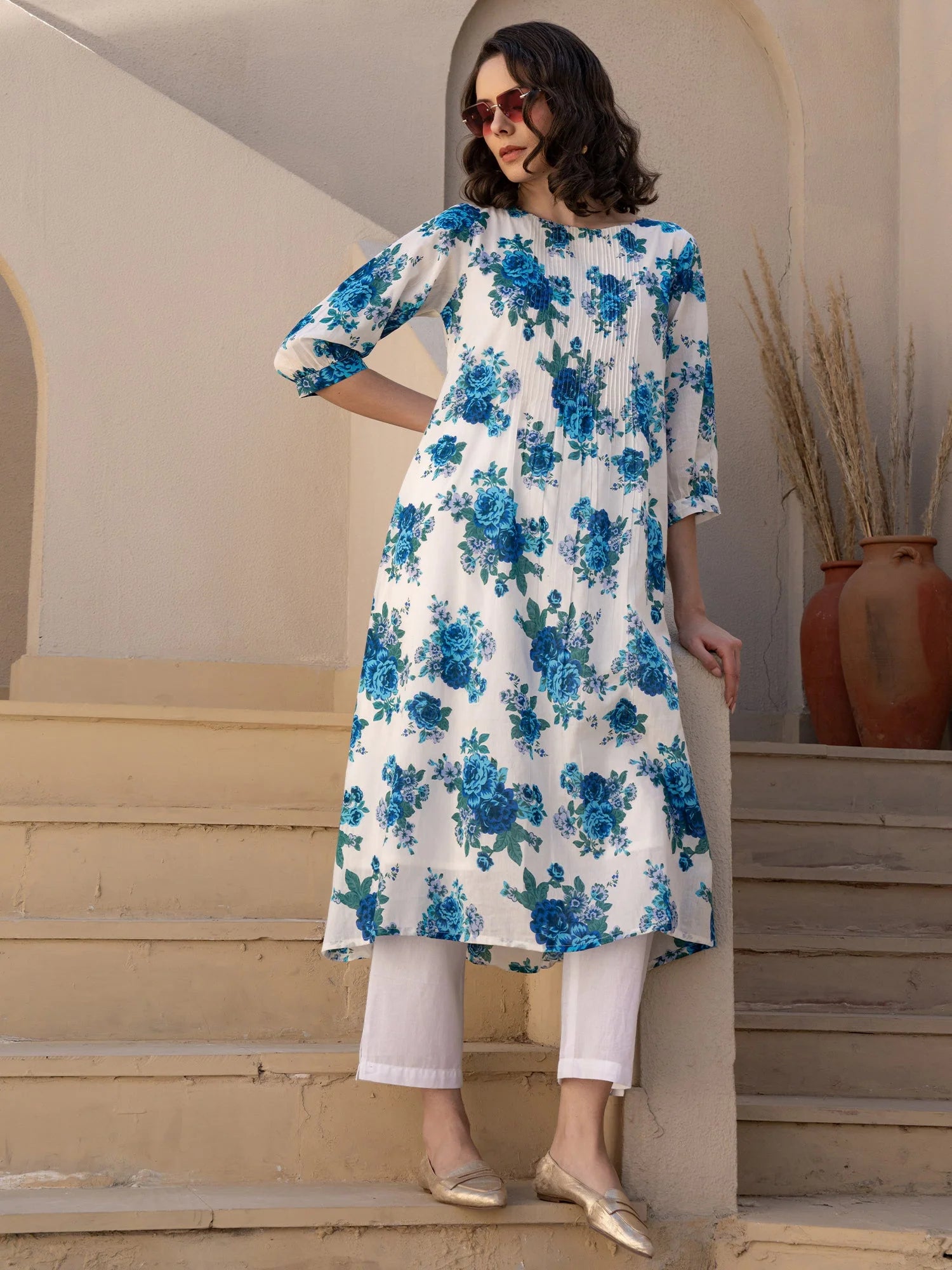 White Printed A-Line Pure Cotton kurta pant set