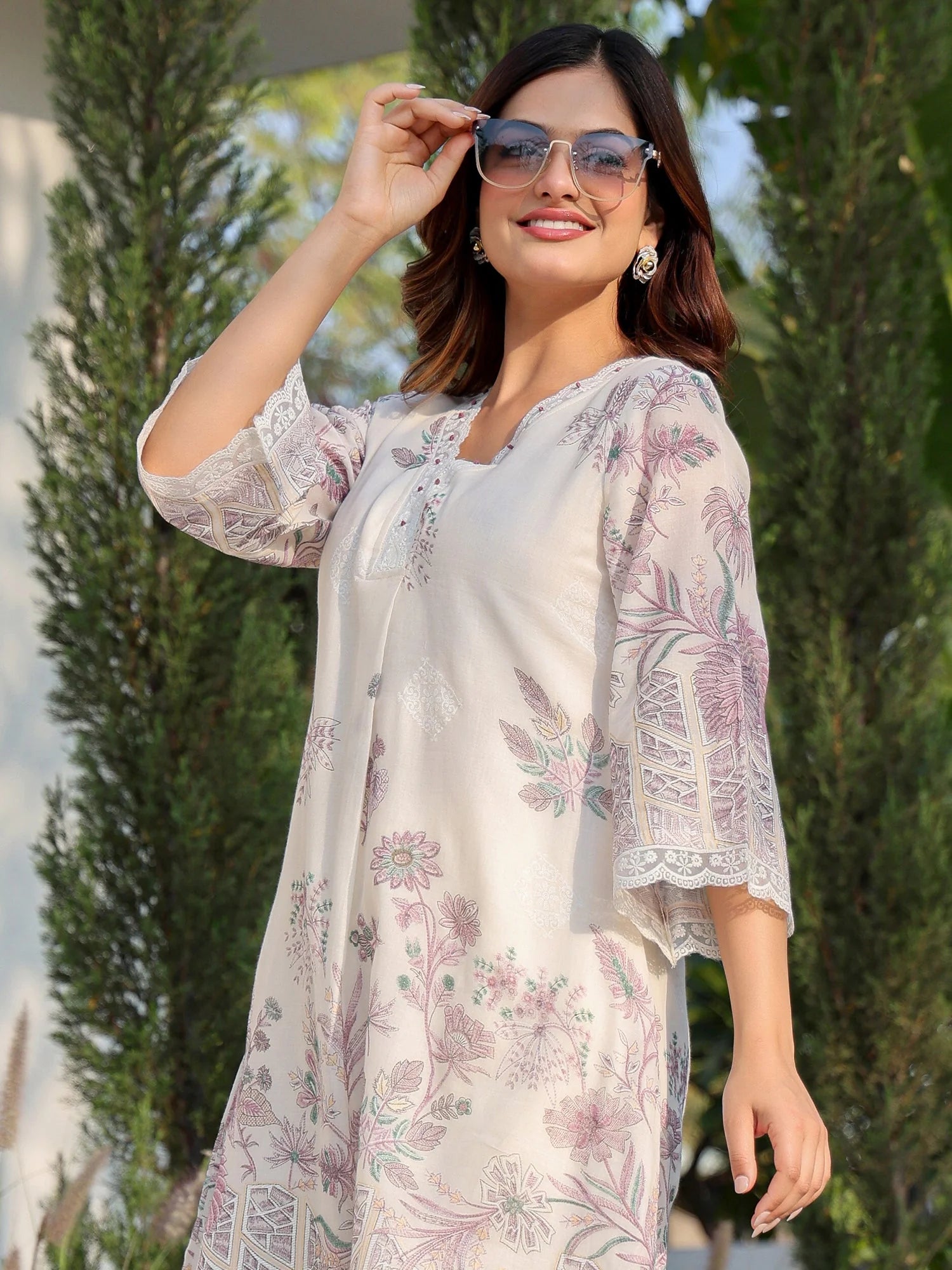 White Printed A-Line Pure Cotton kurta pant set