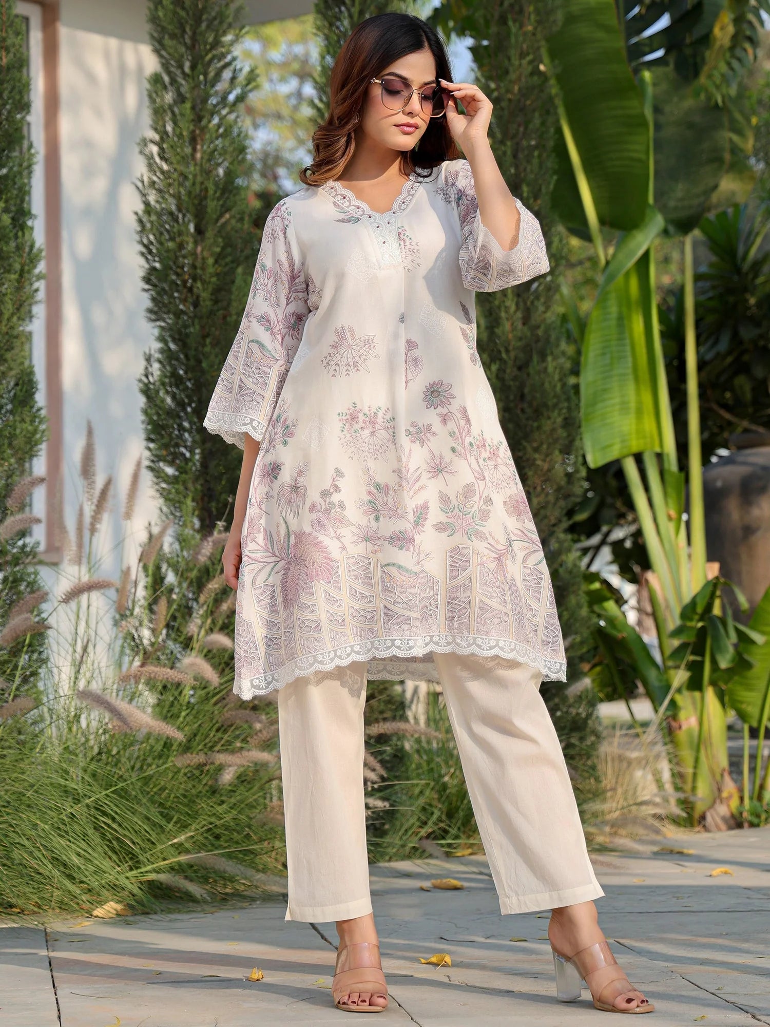 White Printed A-Line Pure Cotton kurta pant set