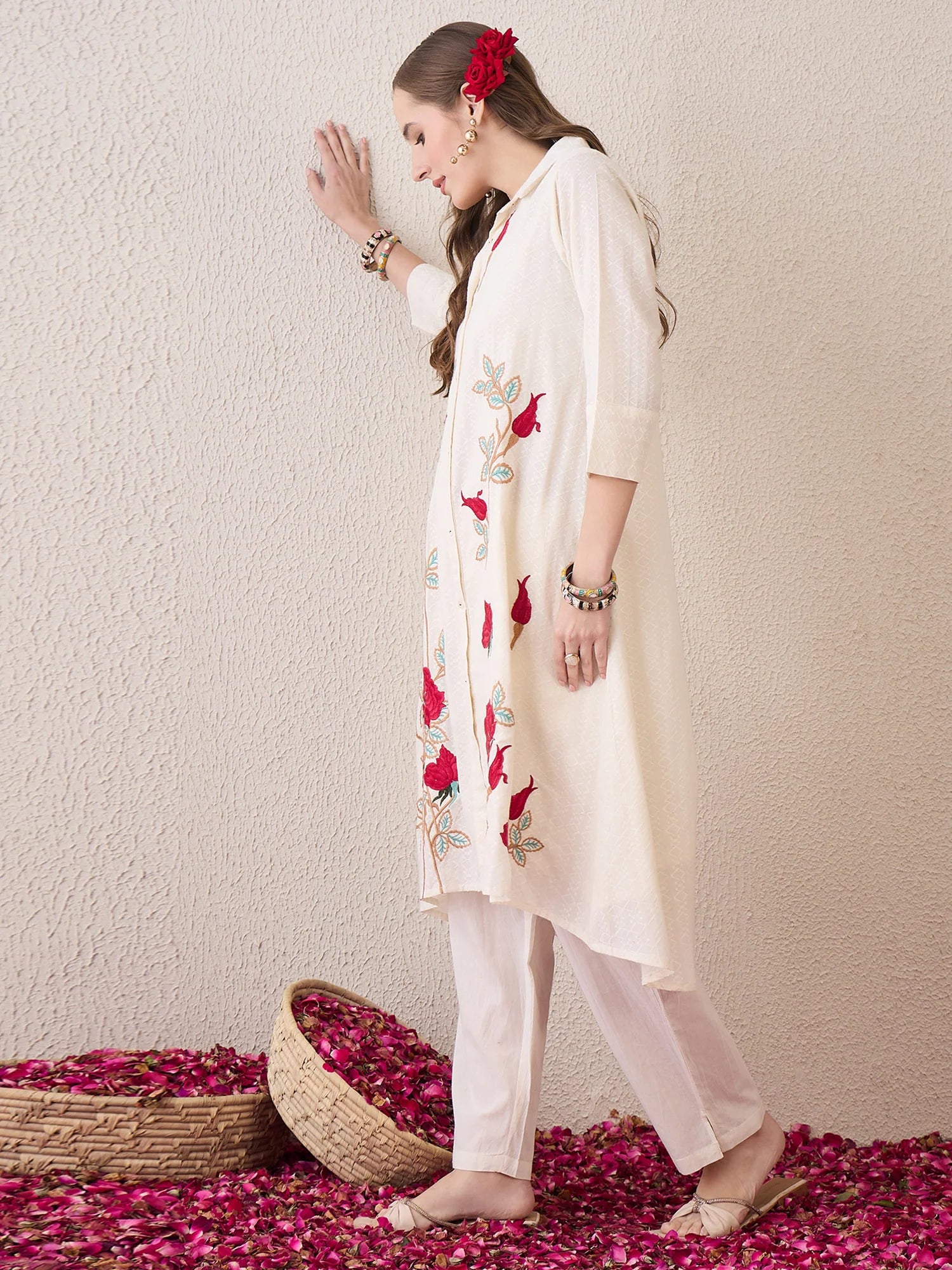 Off White Embroidered A-Line Kurta Trousers Set