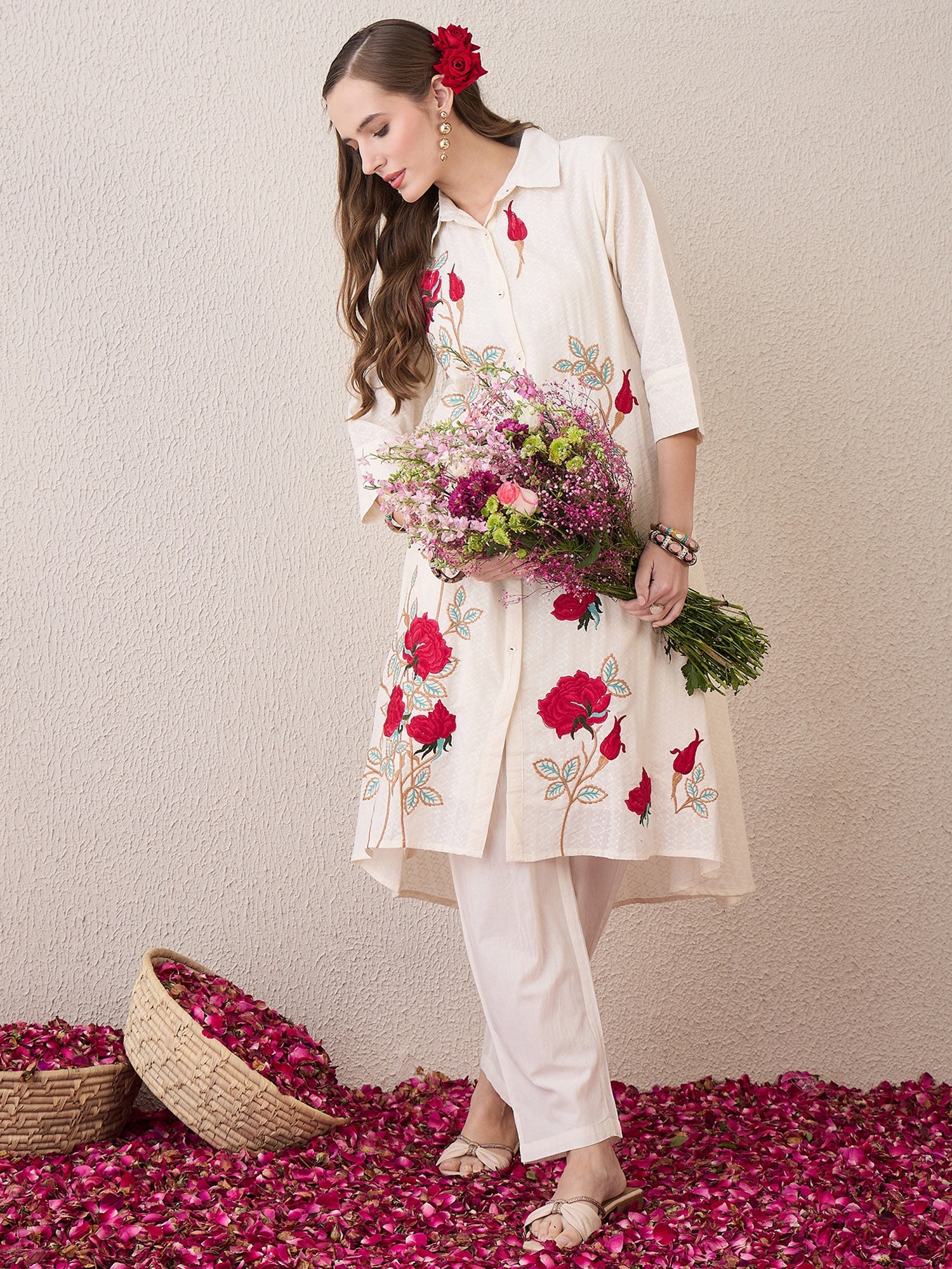 Off White Embroidered A-Line Kurta Trousers Set