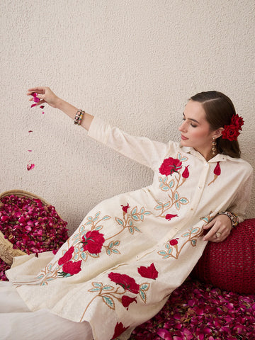 Off White Embroidered A-Line Kurta Trousers Set