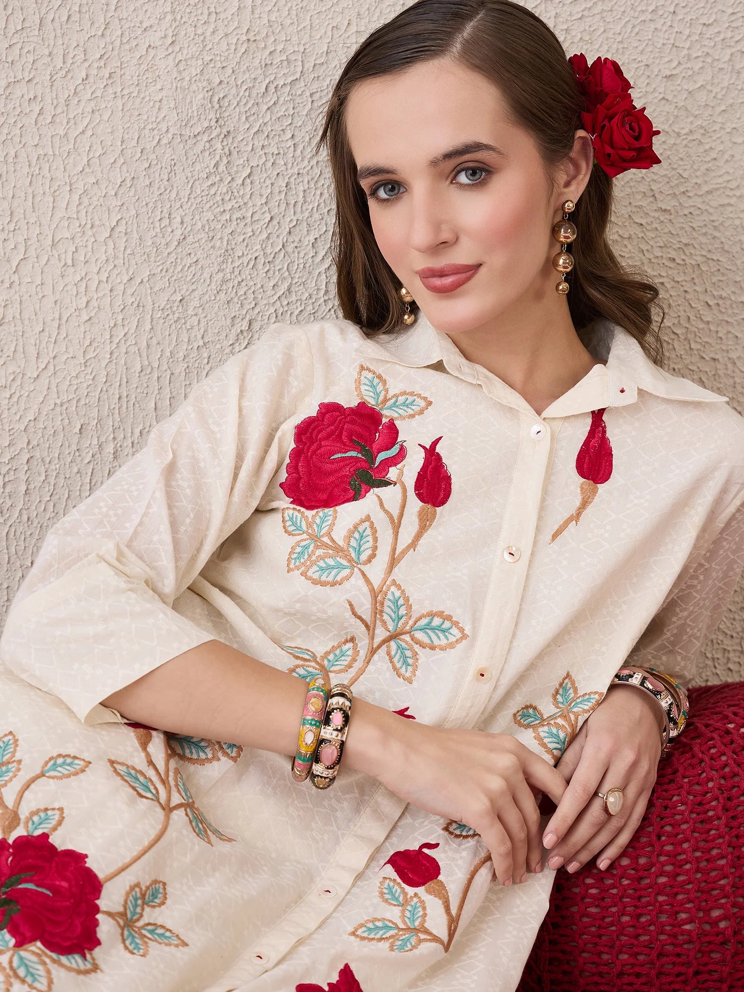 Off White Embroidered A-Line Kurta Trousers Set