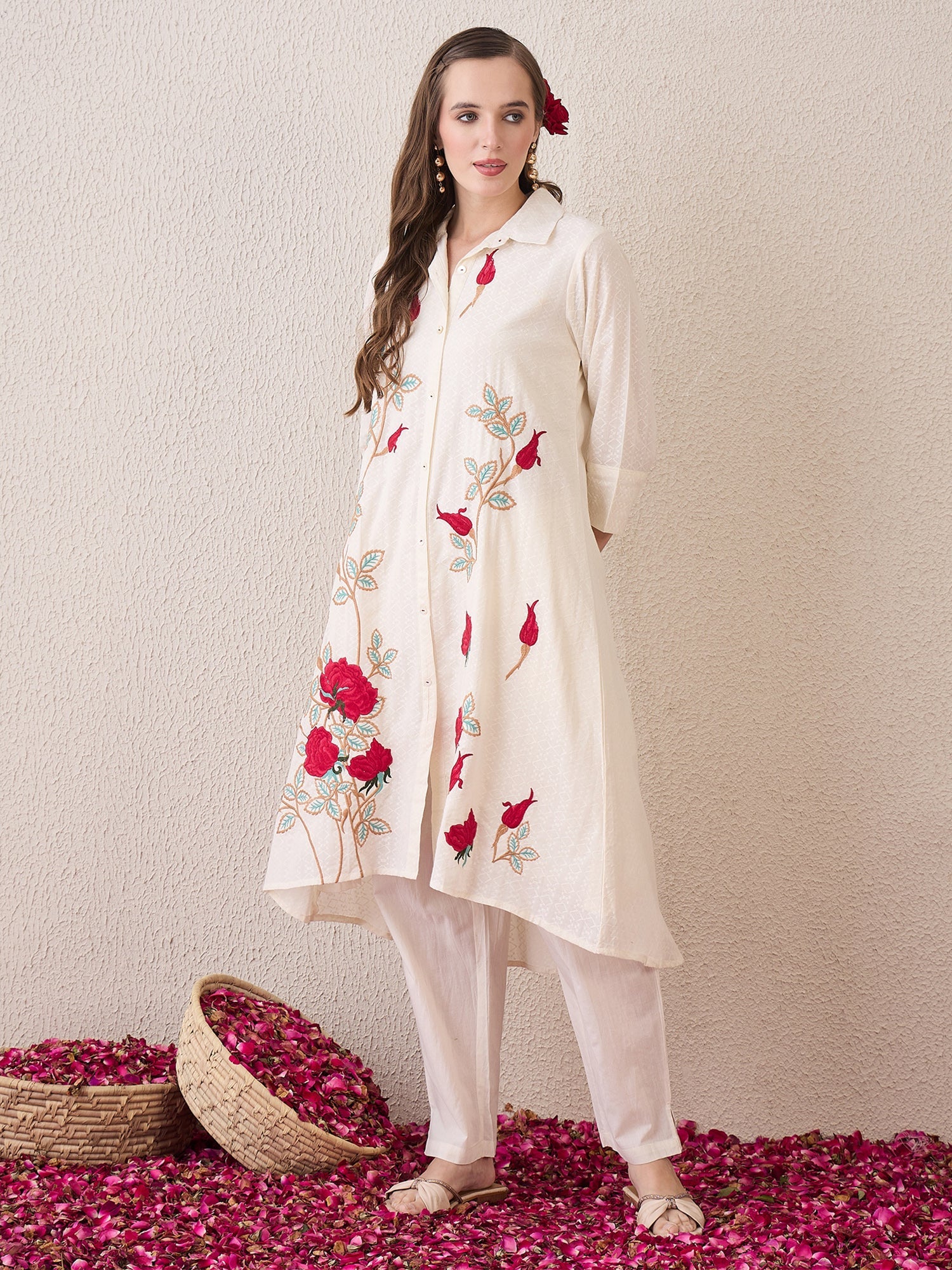 Off White Embroidered A-Line Kurta Trousers Set