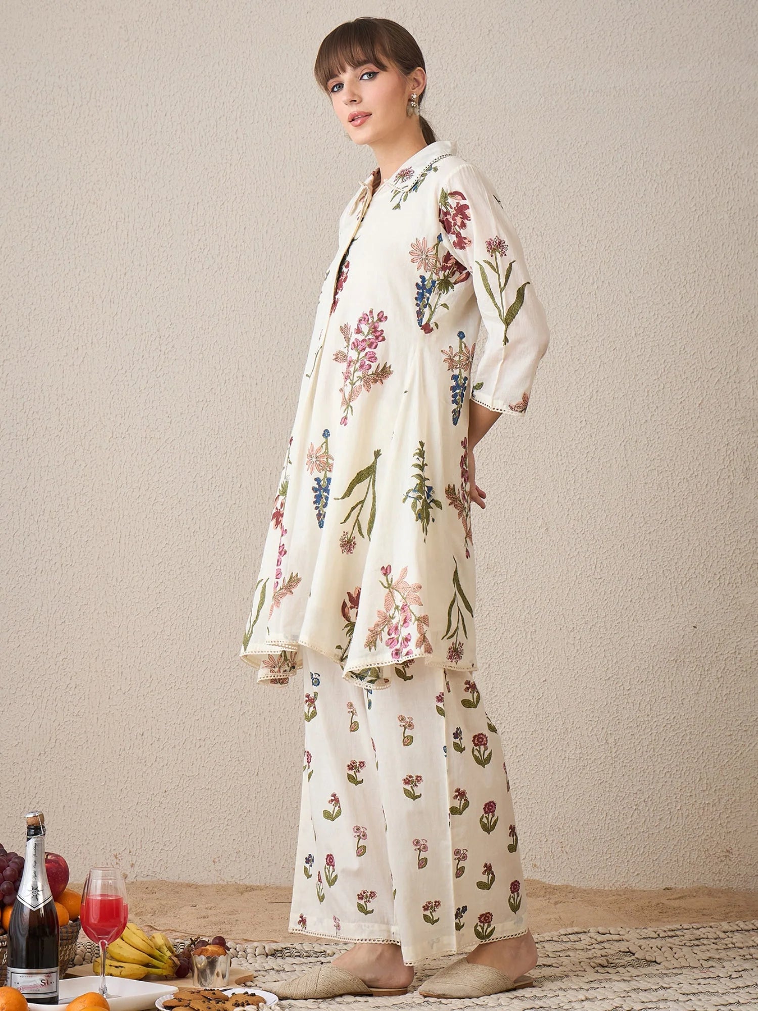 Off White Printed A-Line Kurta Palazzos Set