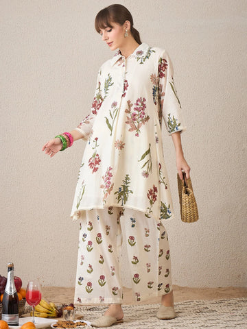 Off White Printed A-Line Kurta Palazzos Set