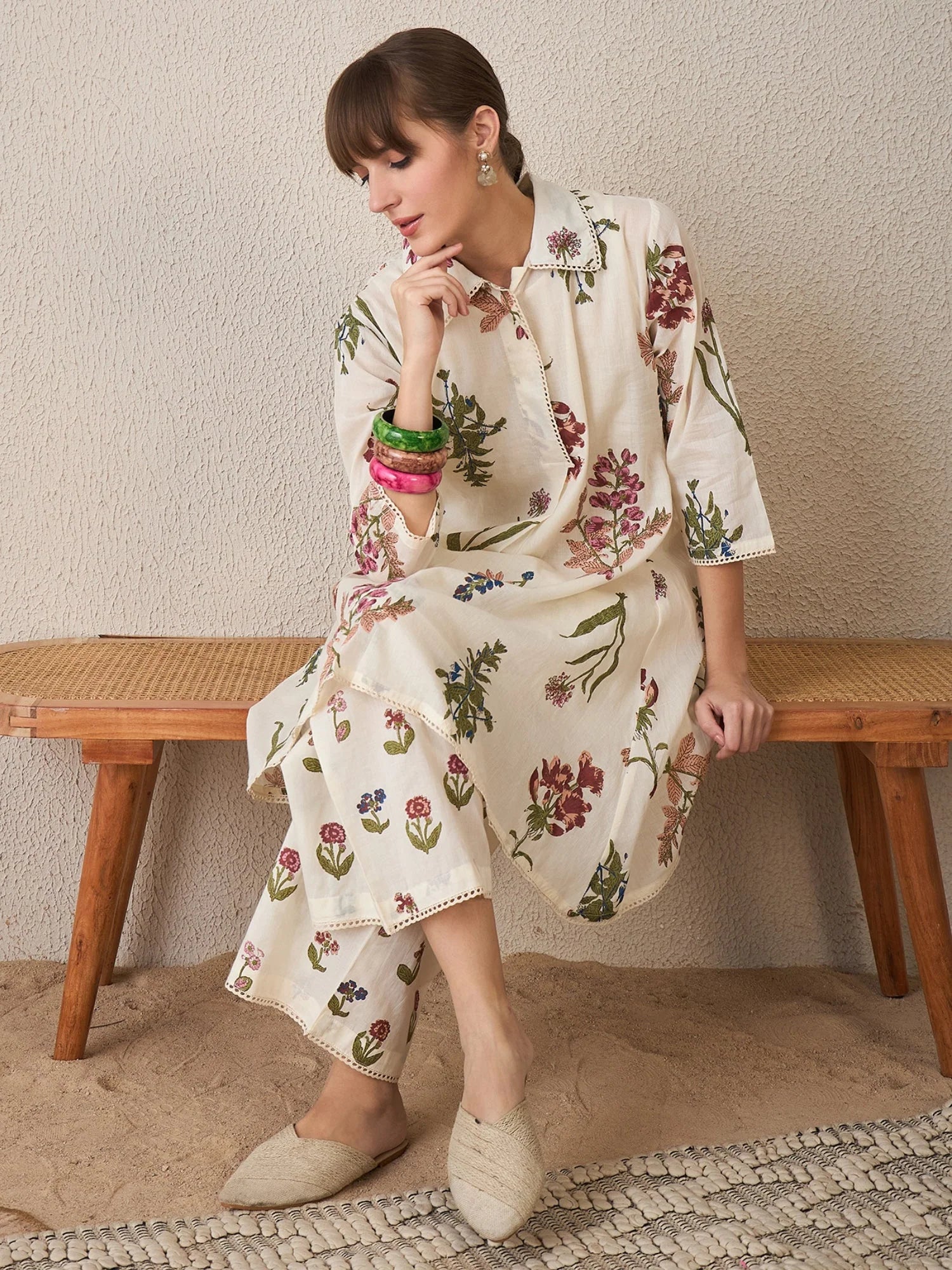 Off White Printed A-Line Kurta Palazzos Set