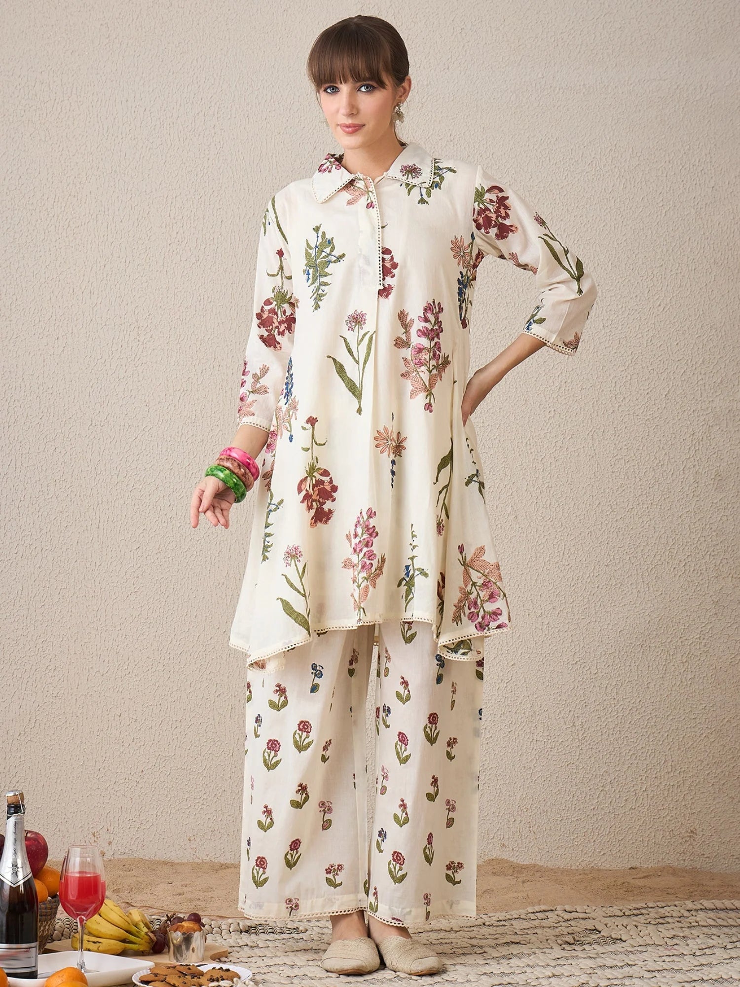 Off White Printed A-Line Kurta Palazzos Set