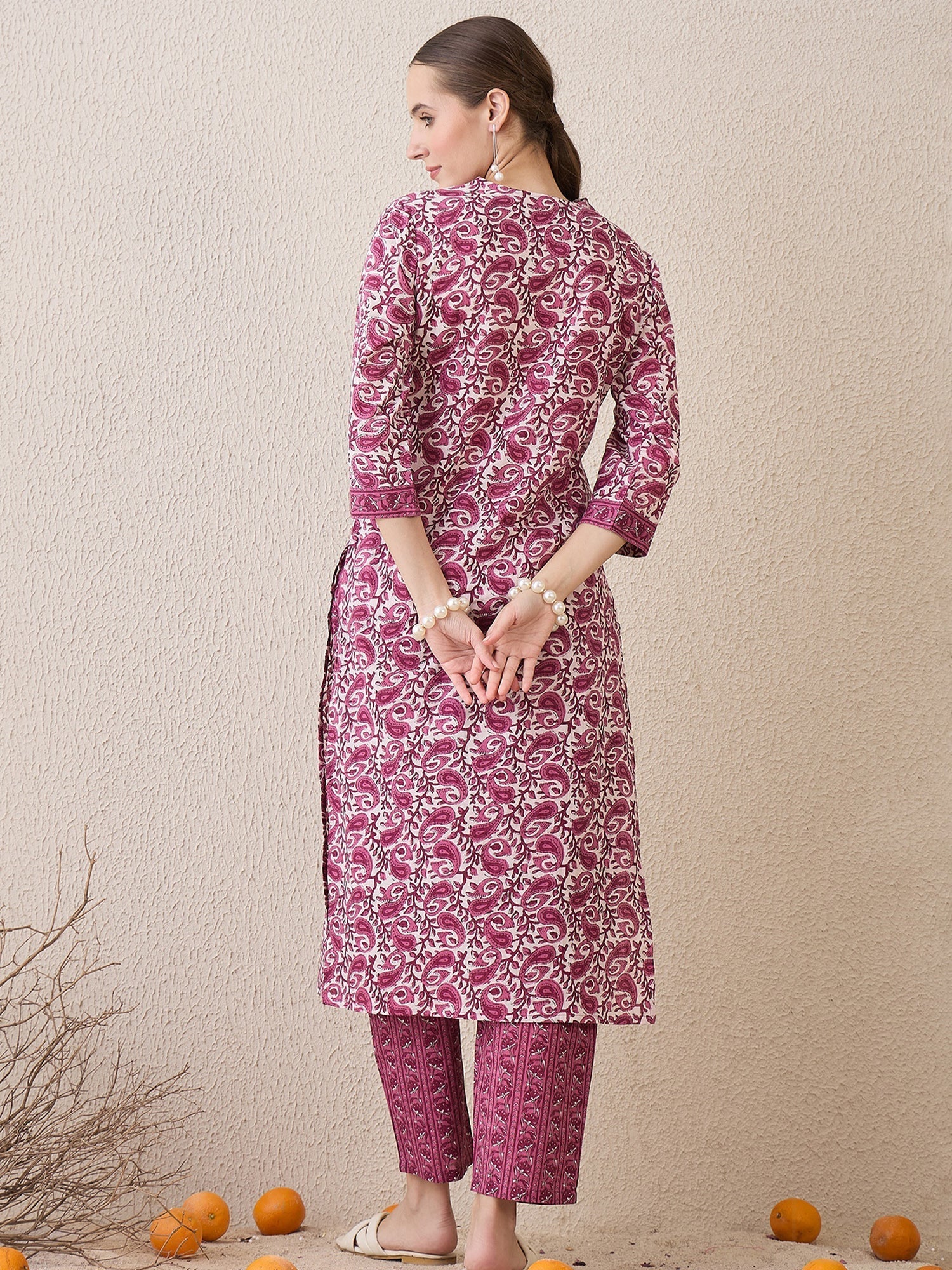Purple Printed Straight Kurta Trousers Set