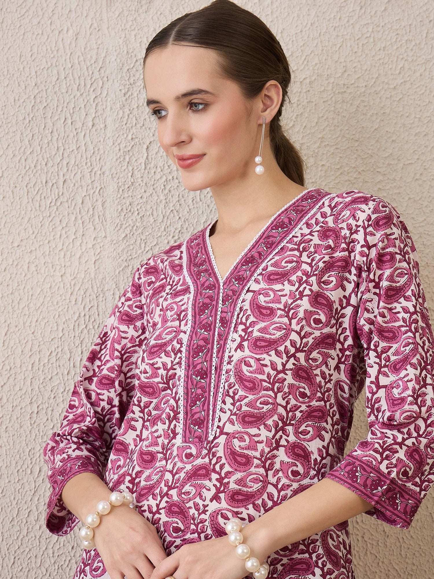 Purple Printed Straight Kurta Trousers Set