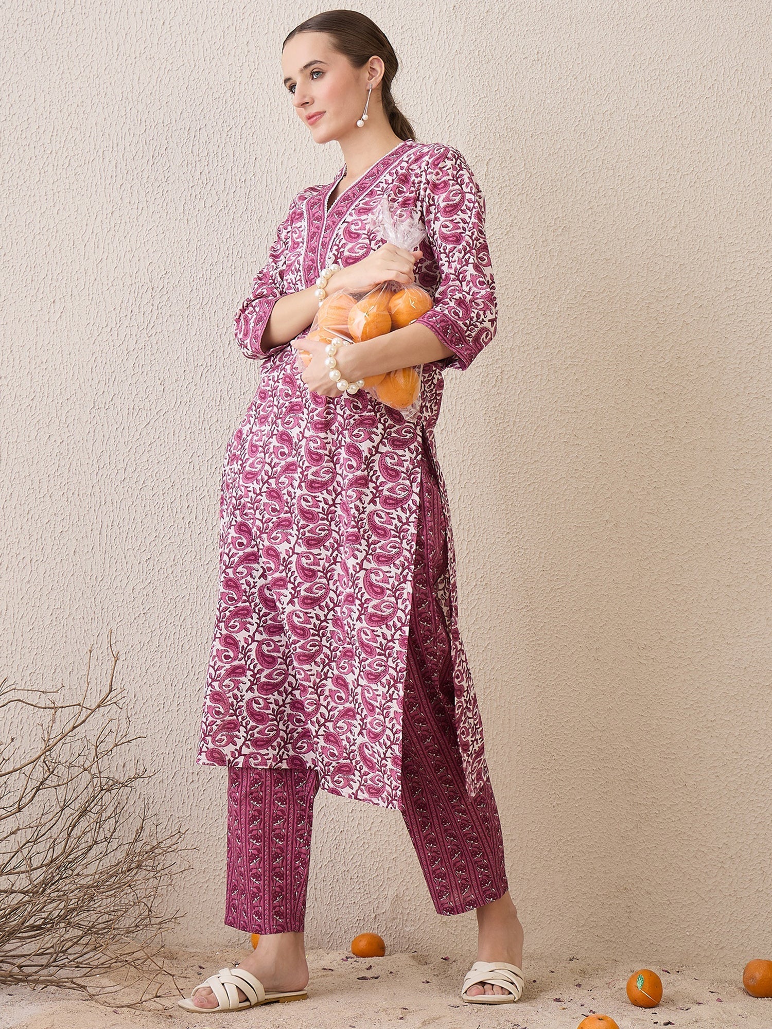Purple Printed Straight Kurta Trousers Set