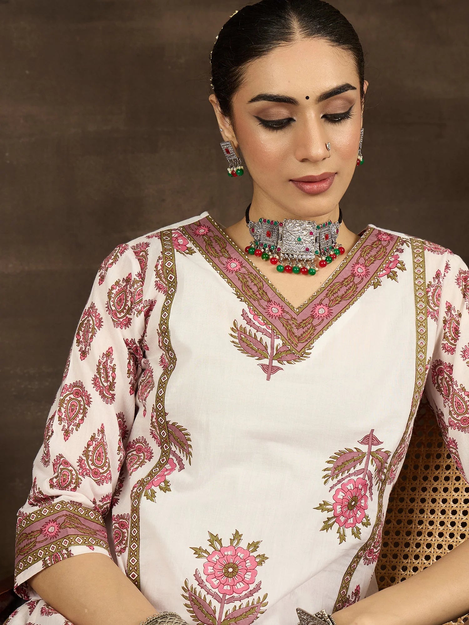 White Printed Pure Cotton Straight Kurta Pant Set