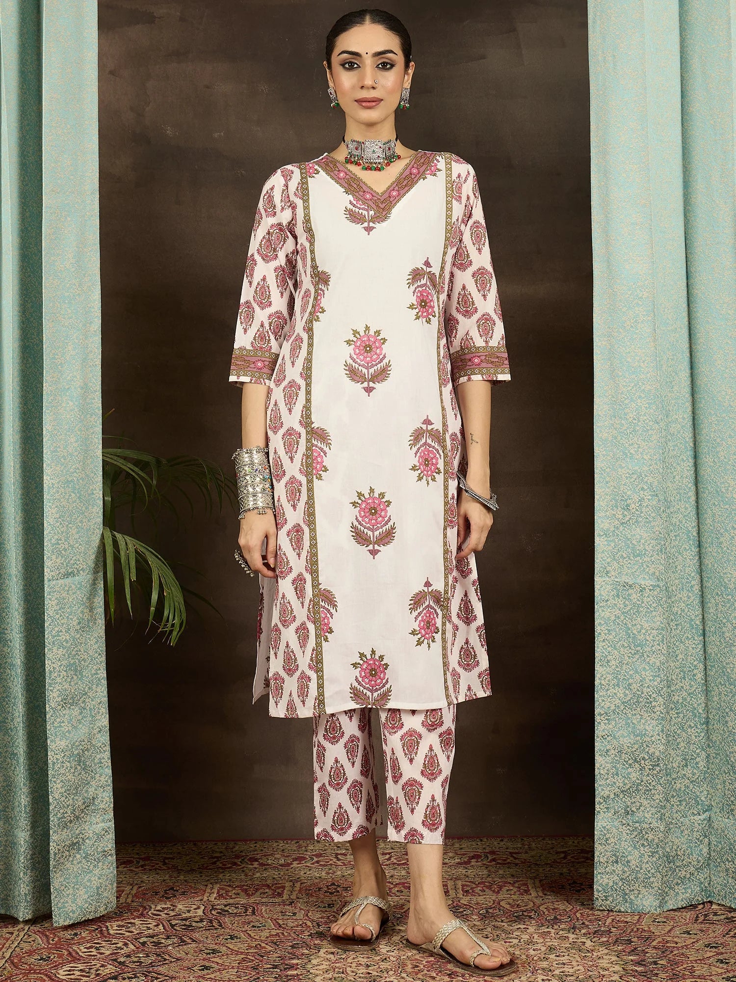 White Printed Pure Cotton Straight Kurta Pant Set