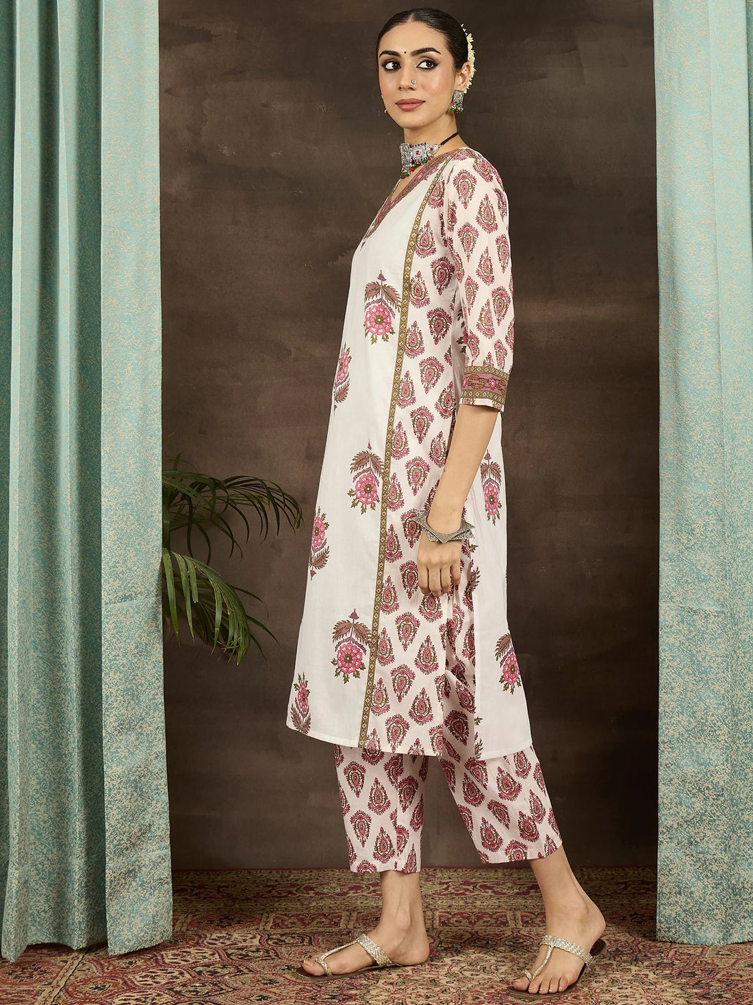 White Printed Pure Cotton Straight Kurta Pant Set