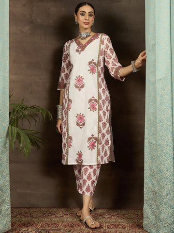 White Printed Pure Cotton Straight Kurta Pant Set