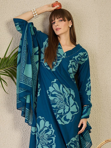 Blue Printed Pure Cotton Straight Kurta Sets With Dupatta