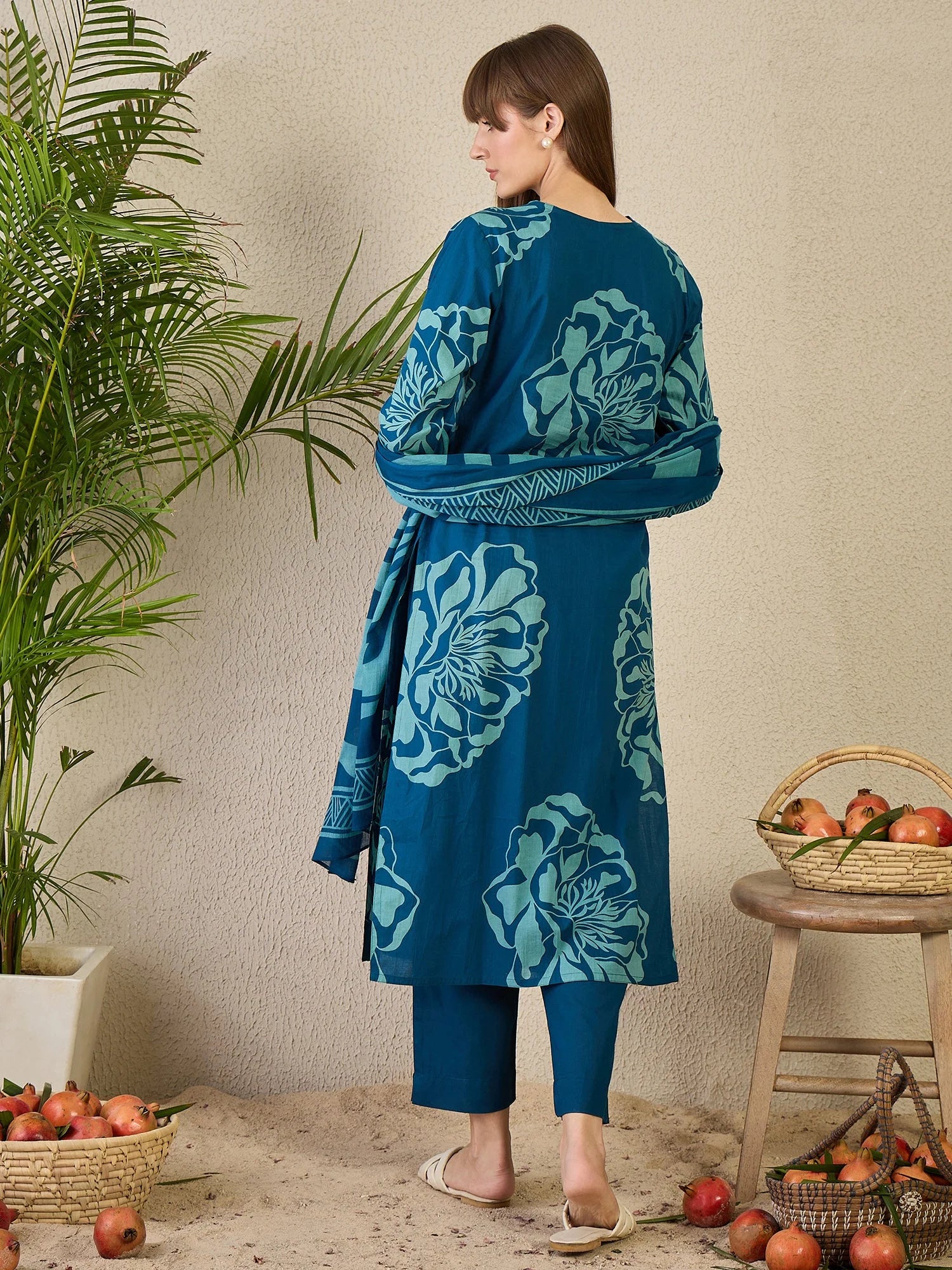 Blue Printed Pure Cotton Straight Kurta Sets With Dupatta