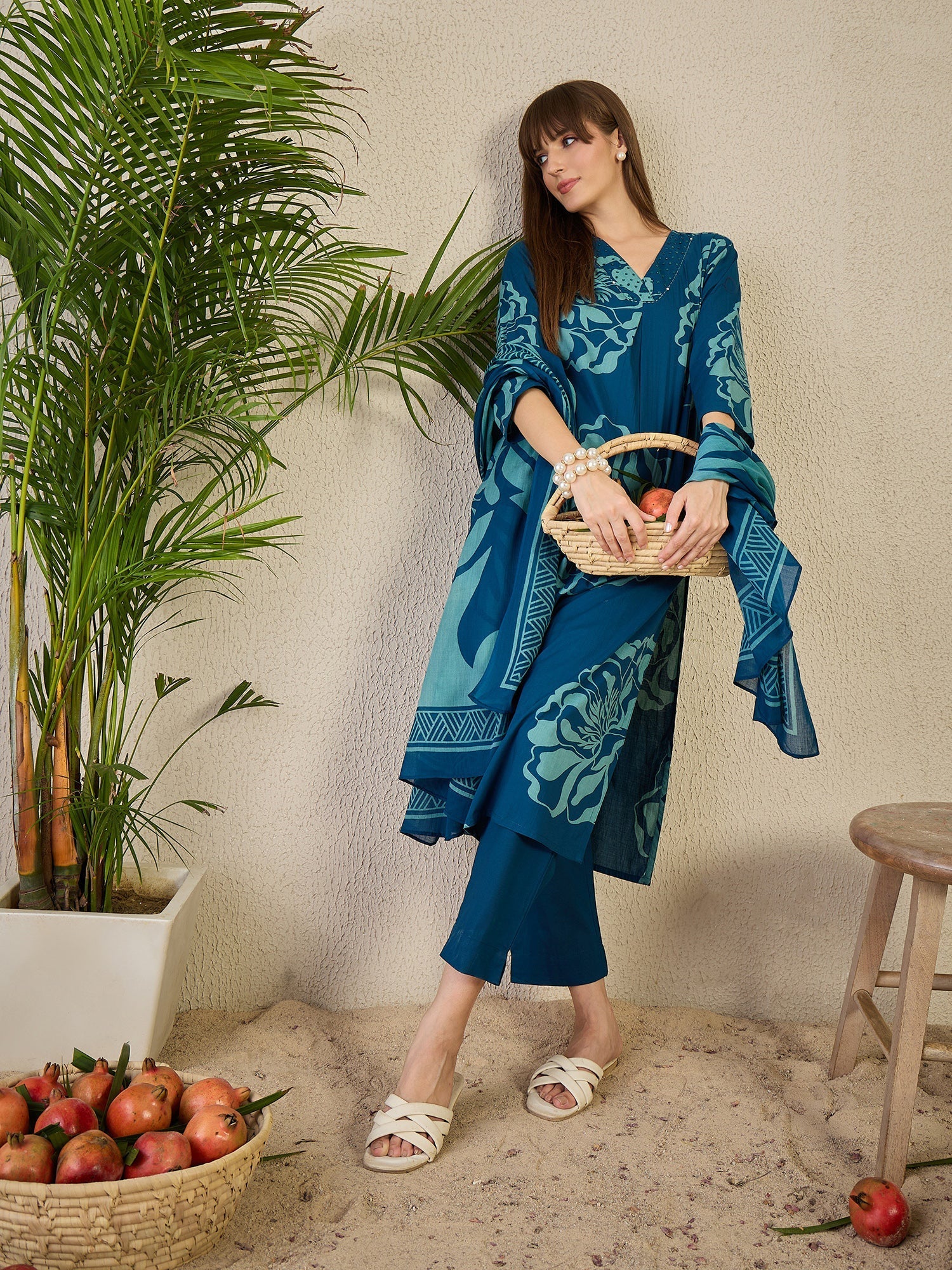 Blue Printed Pure Cotton Straight Kurta Sets With Dupatta