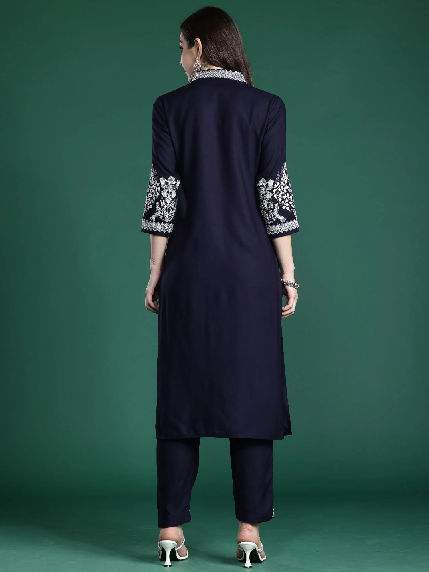 Blue Embroidered Straight Kurta Trouser Set