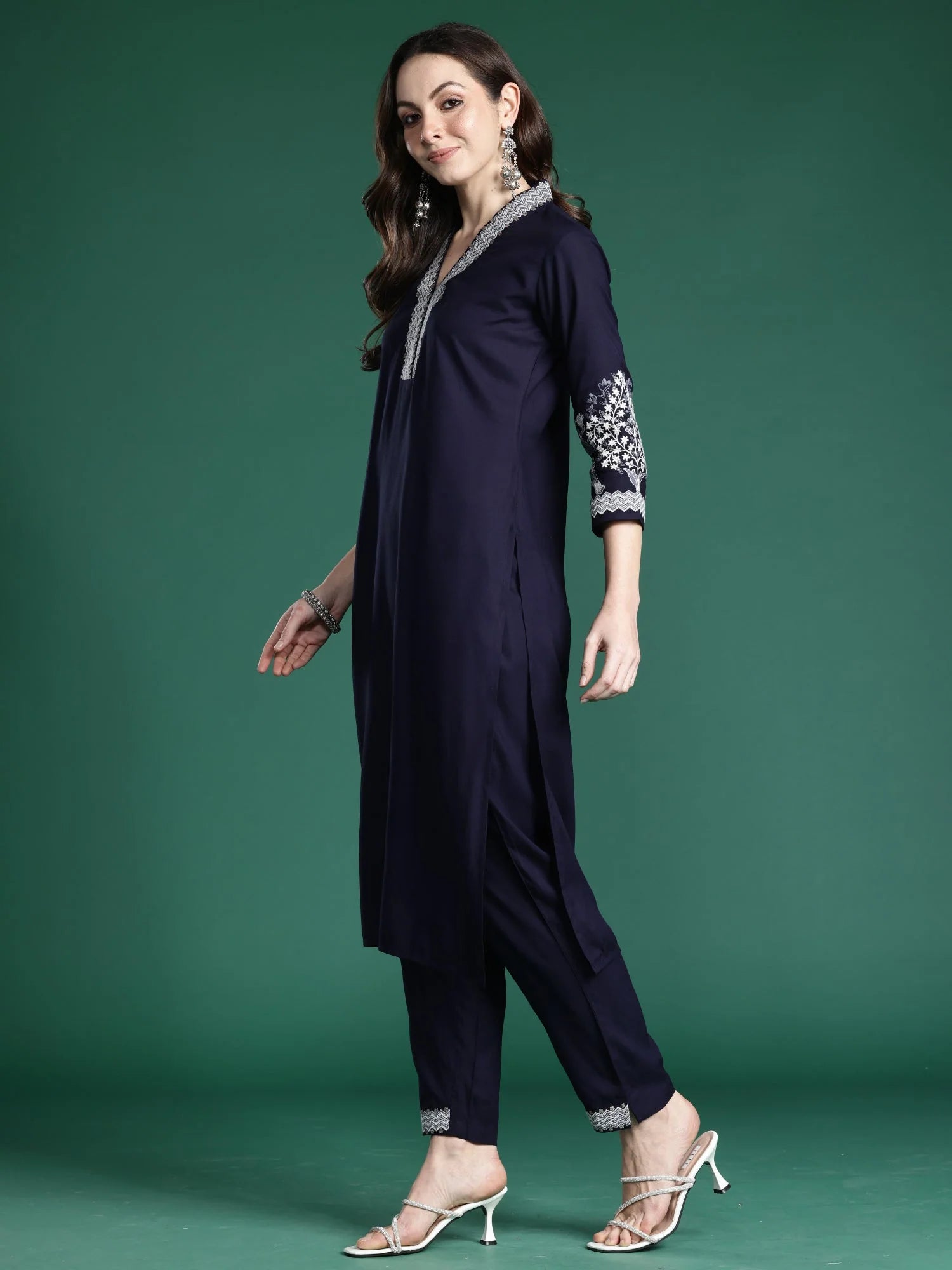 Blue Embroidered Straight Kurta Trouser Set