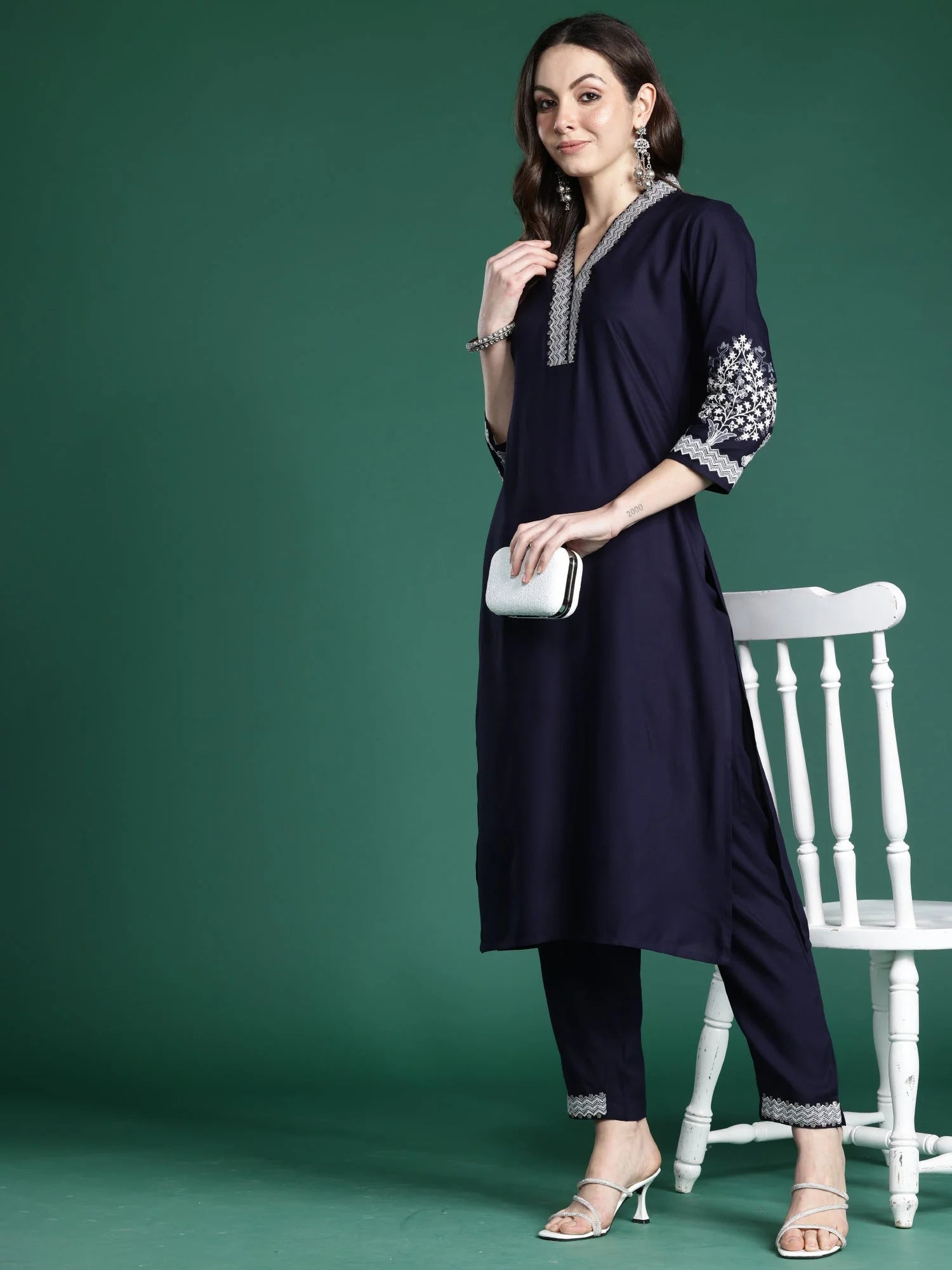 Blue Embroidered Straight Kurta Trouser Set