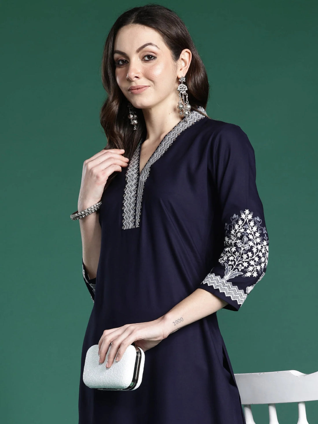 Blue Embroidered Straight Kurta Trouser Set