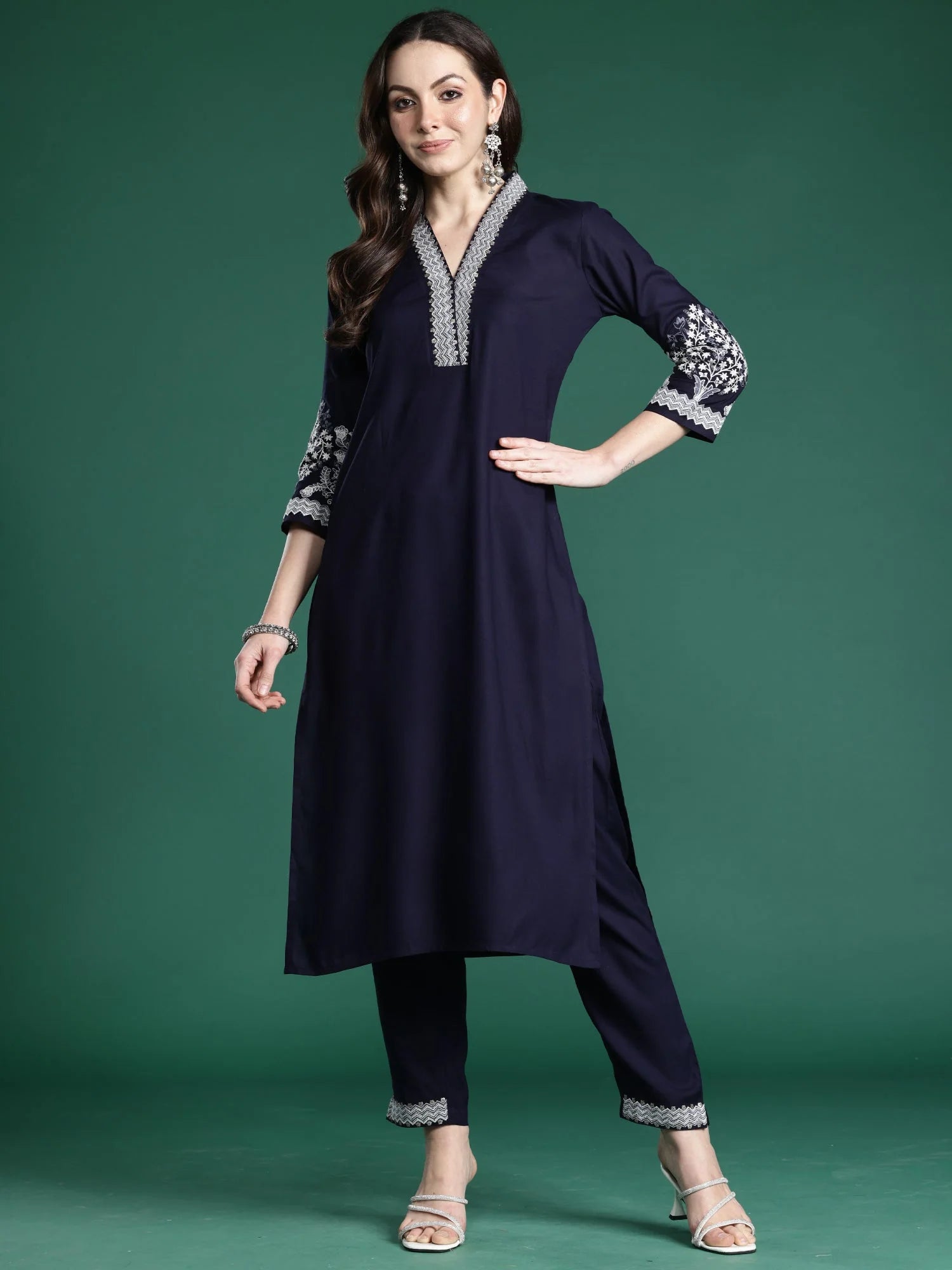 Blue Embroidered Straight Kurta Trouser Set