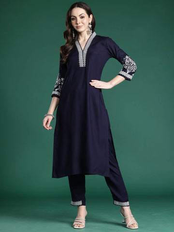 Blue Embroidered Straight Kurta Trouser Set