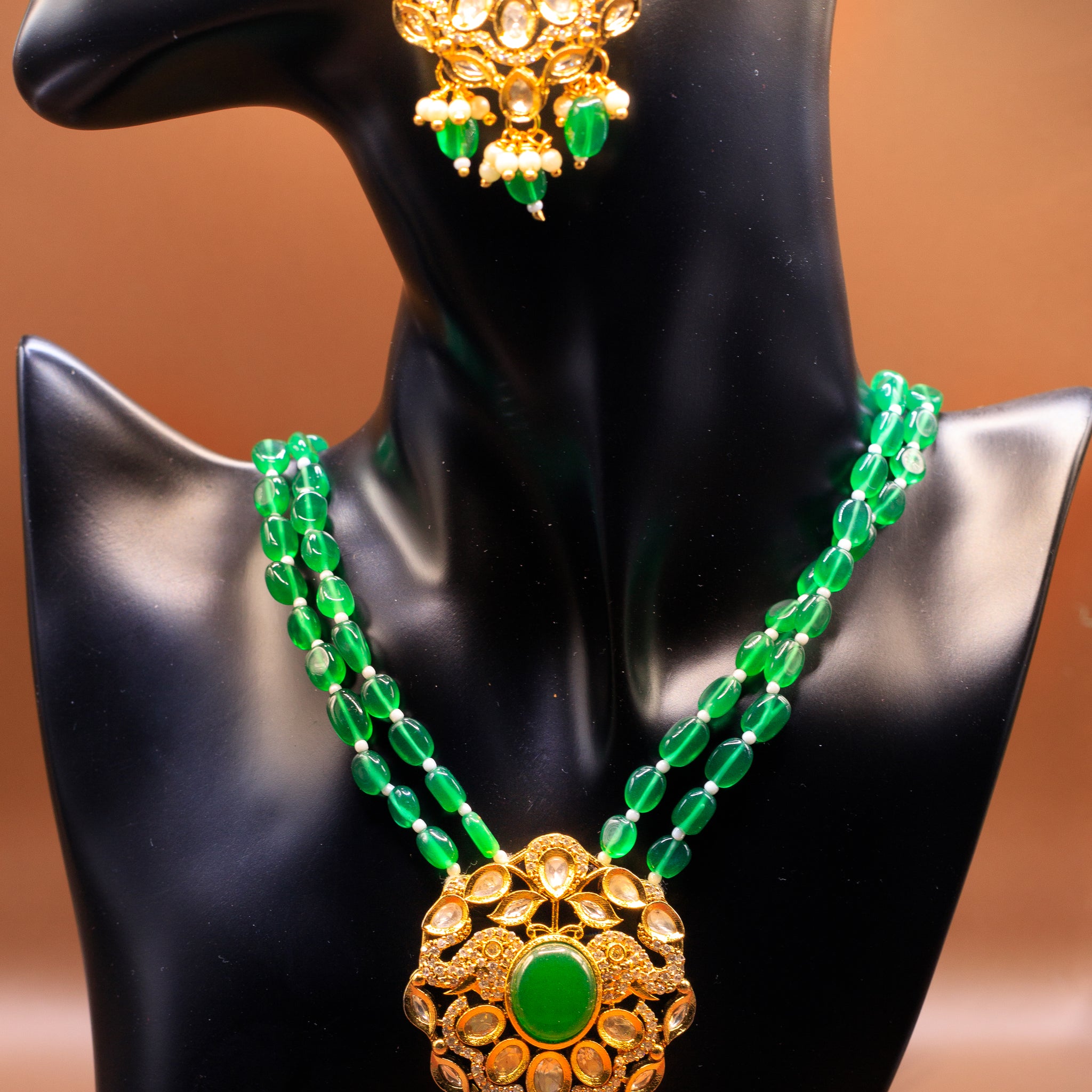 Beaded Necklace with  Polki pendant and earrings