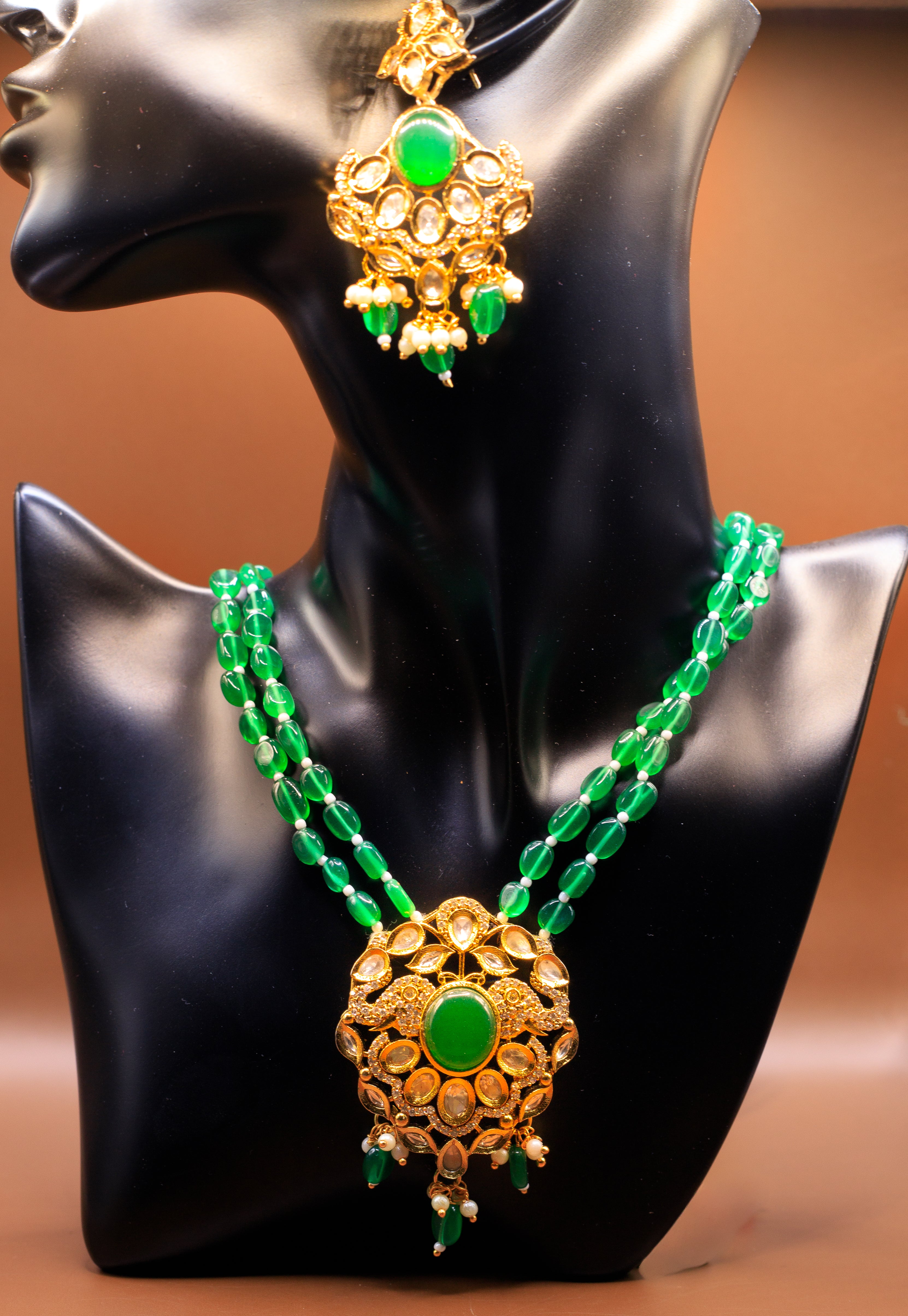 Beaded Necklace with  Polki pendant and earrings