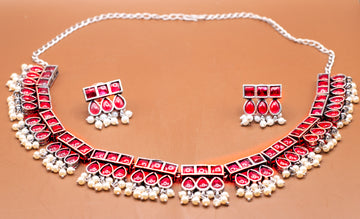 Fancy Red Stone Necklace with Earring