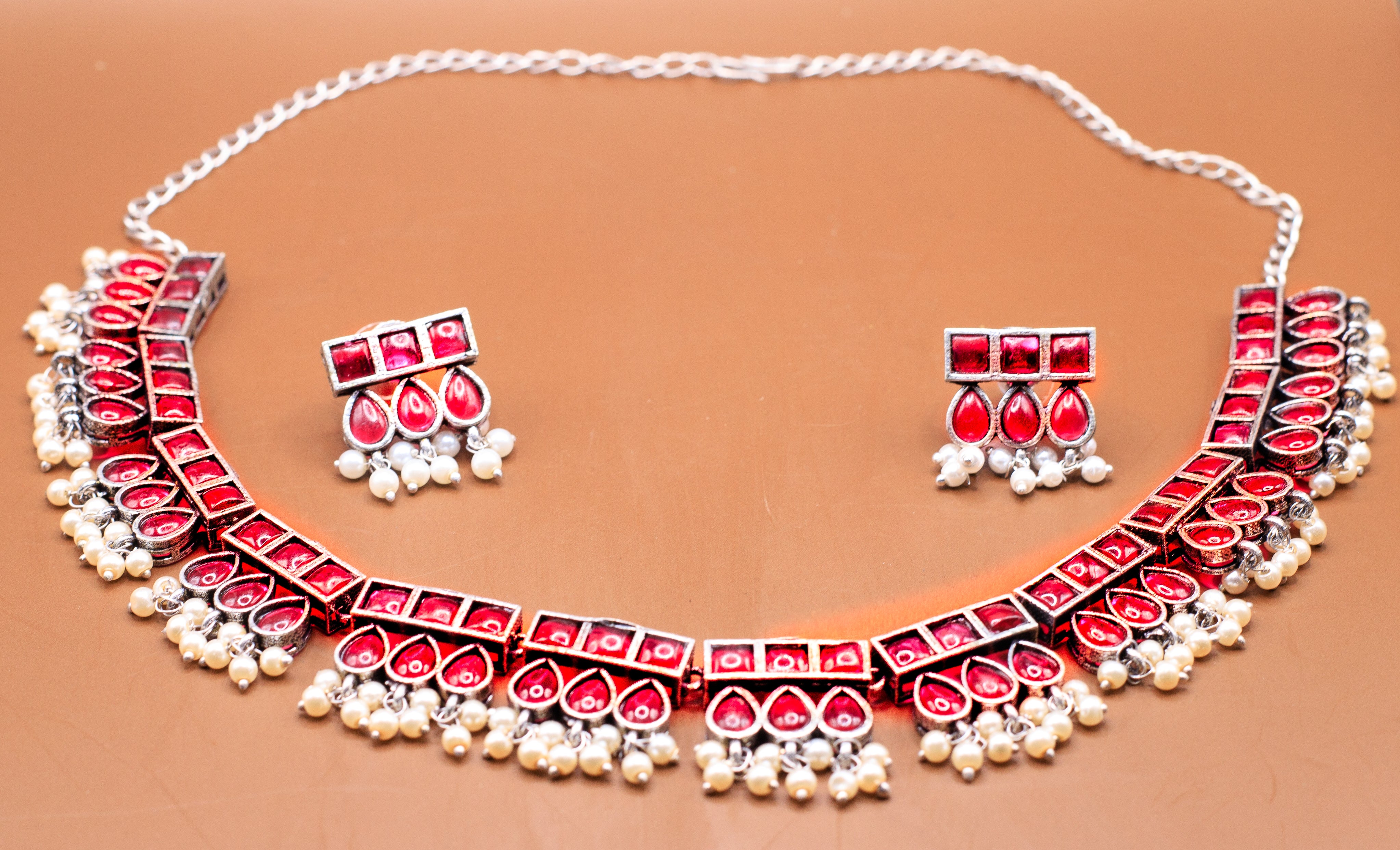 Fancy Red Stone Necklace with Earring