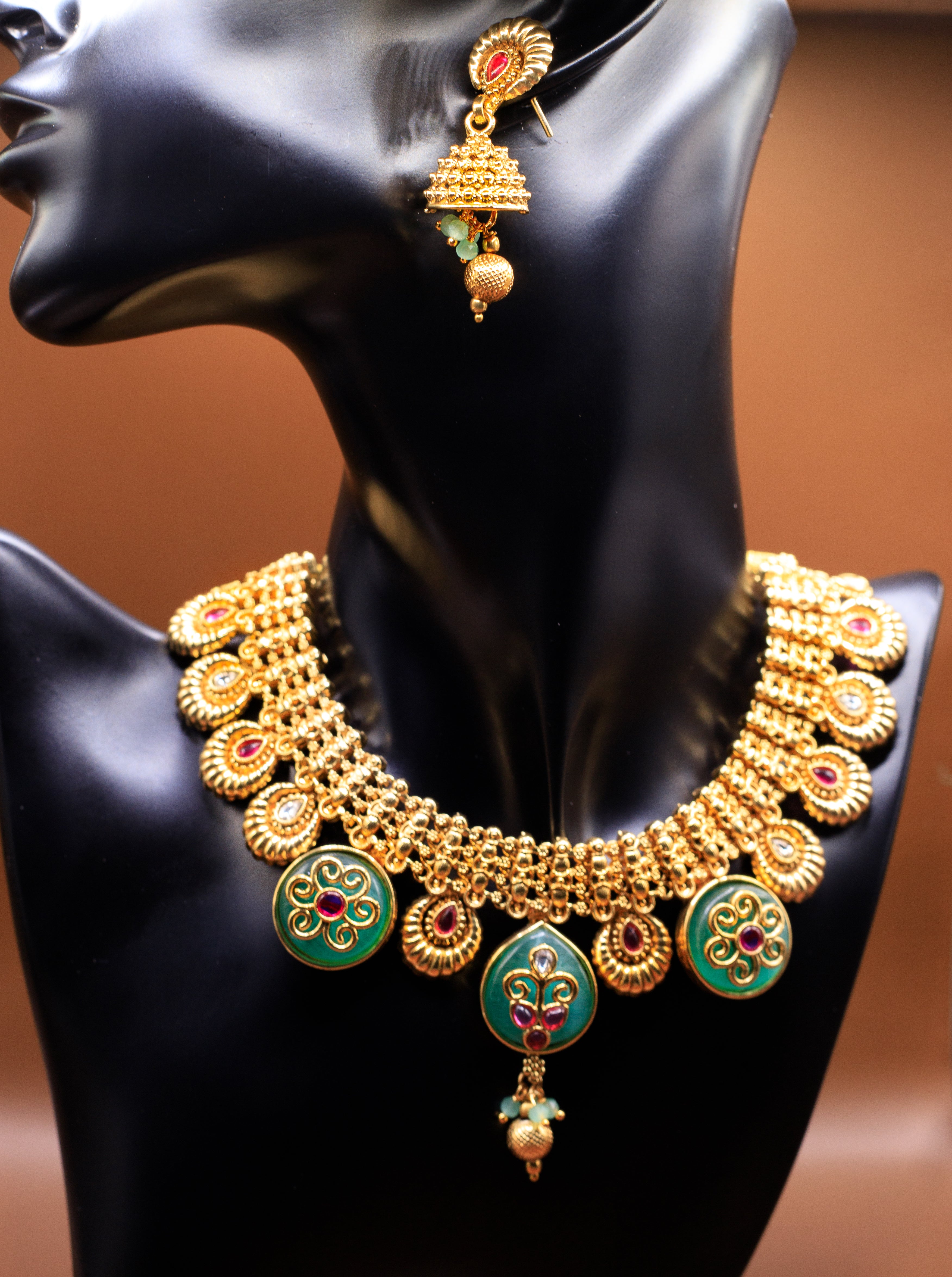 Necklace with  Polki/Meena work Earrings