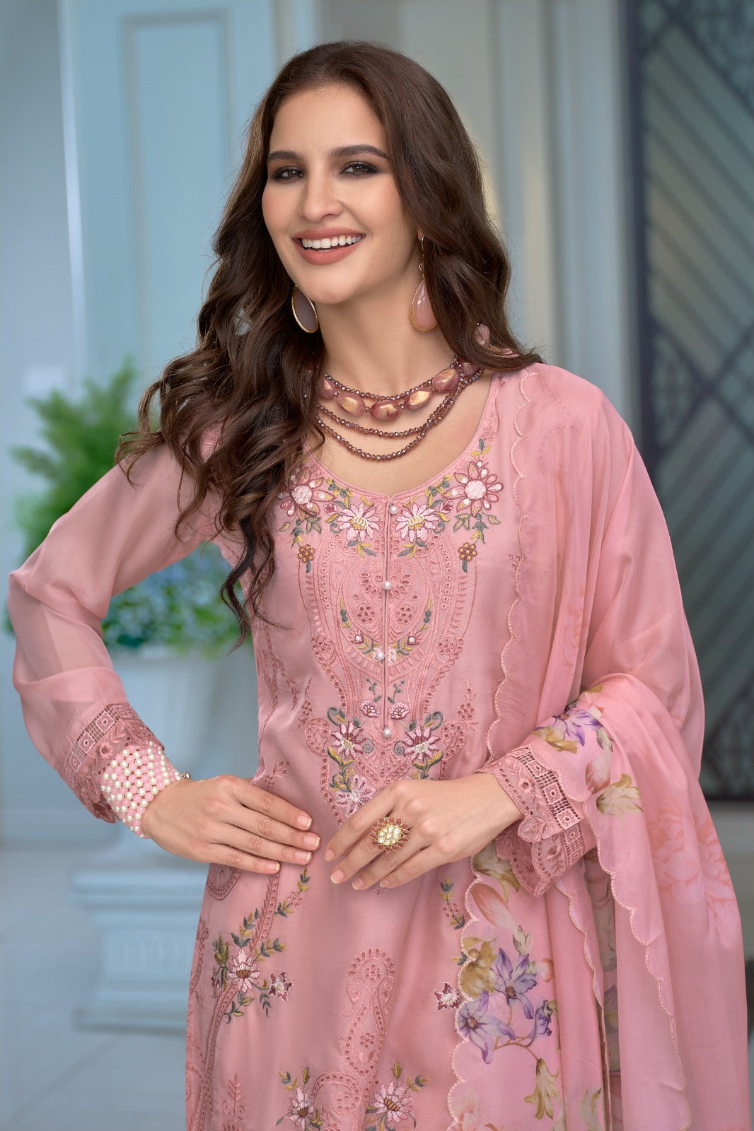 Pink Embroidered Organza Straight Kurta Sets With Dupatta