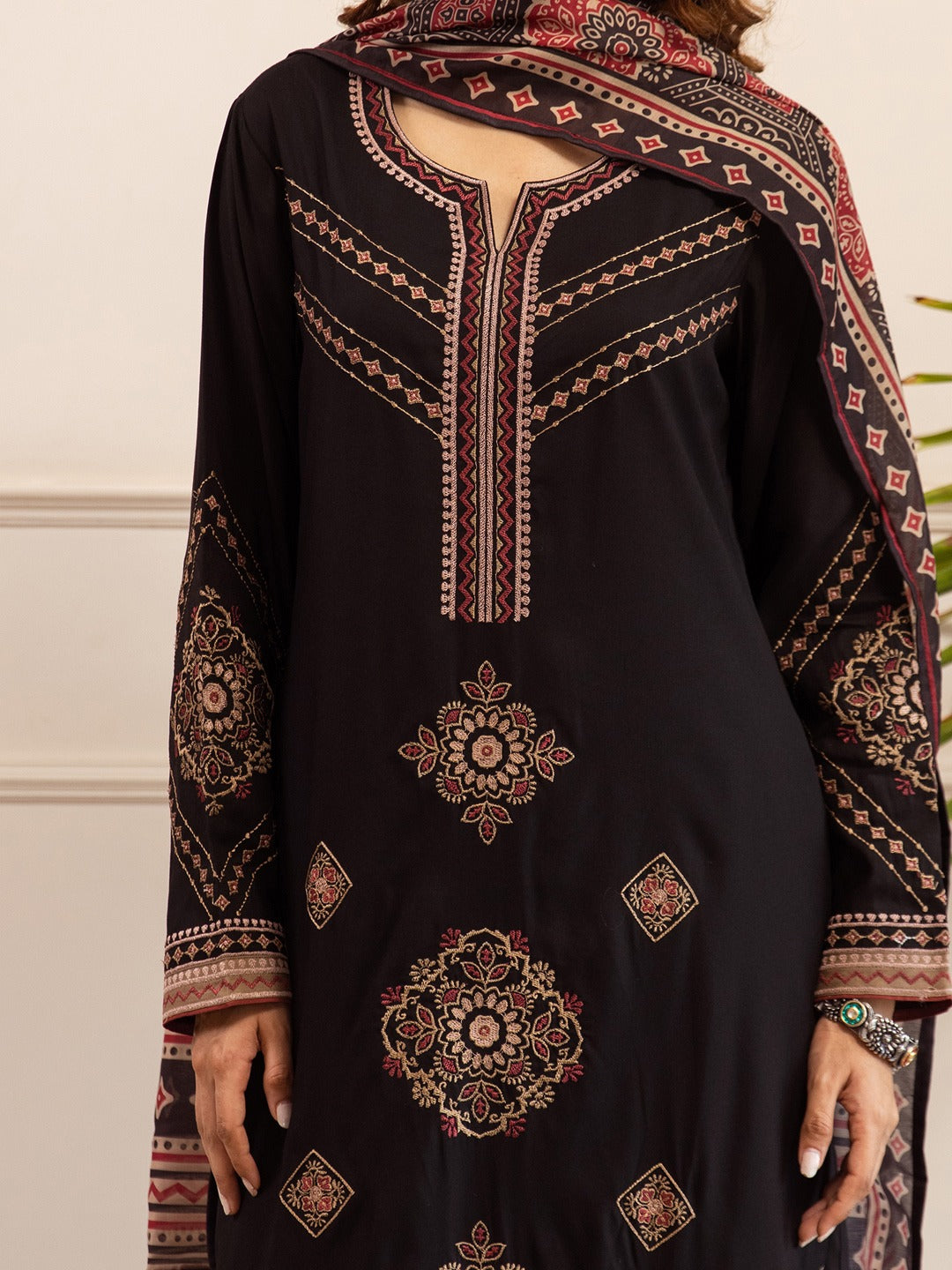 Black Embroidered Viscose Rayon Straight Kurta Palazzos With Dupatta
