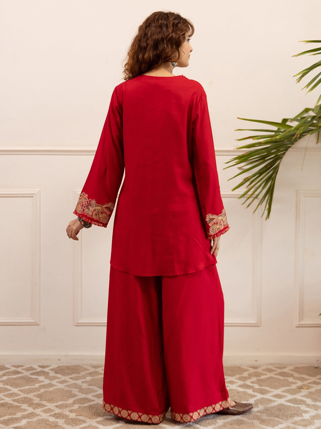 Red Embroidered Viscose Rayon A-Line Kurta Palazzo Set