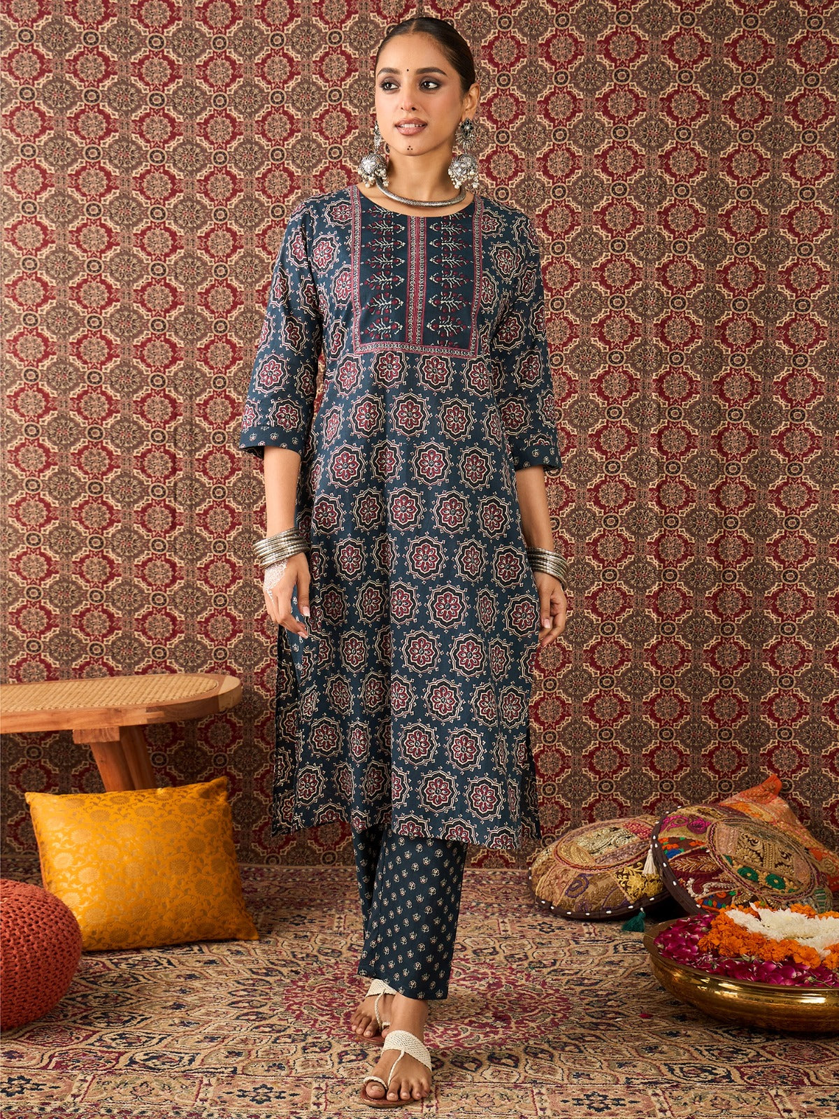 Navy Blue Printed Pure Cotton Straight Kurta Sets With Dupatta