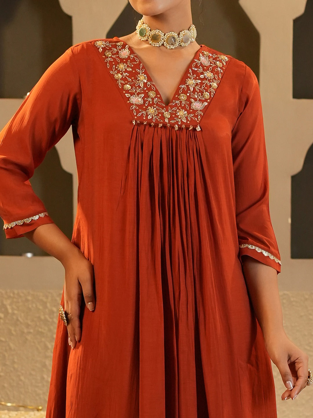 Rust Embroidered Chanderi Silk A-Line Kurta Trouser Set