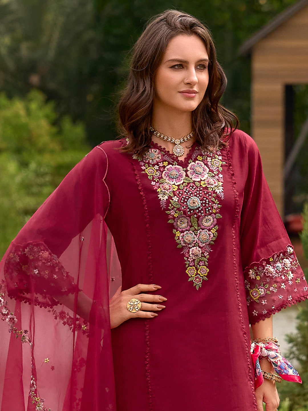 Maroon Embroidered Straight Cotton Blend Suit Set With Dupatta